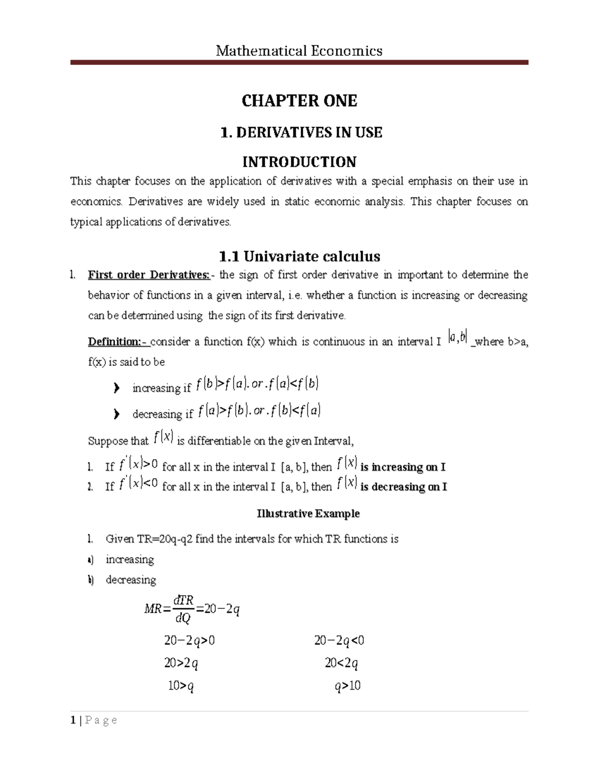 Mathematical Economics CH1: Applications of Derivatives in Economics ...