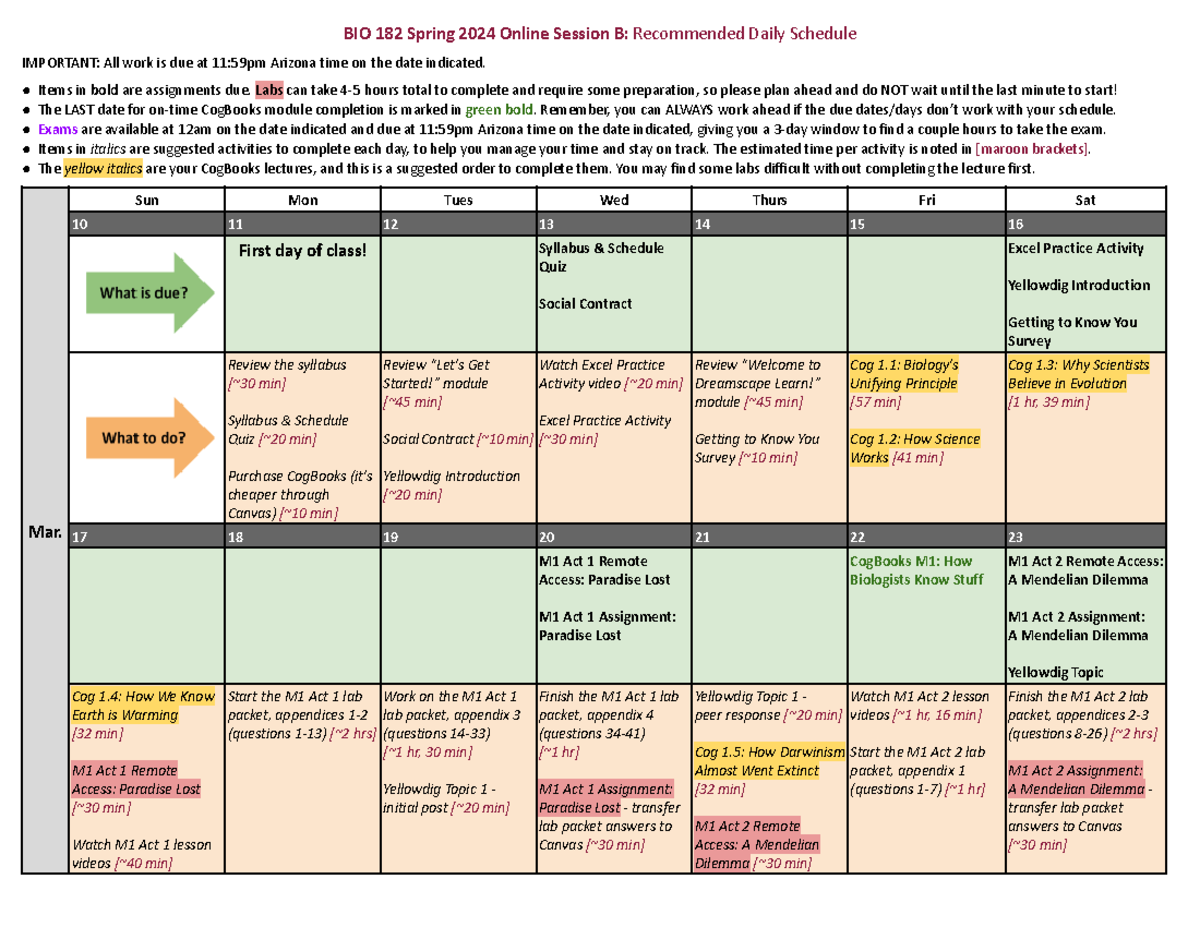 BIO 182 Spring B 2024 Recommended Daily Study Schedule - Studocu