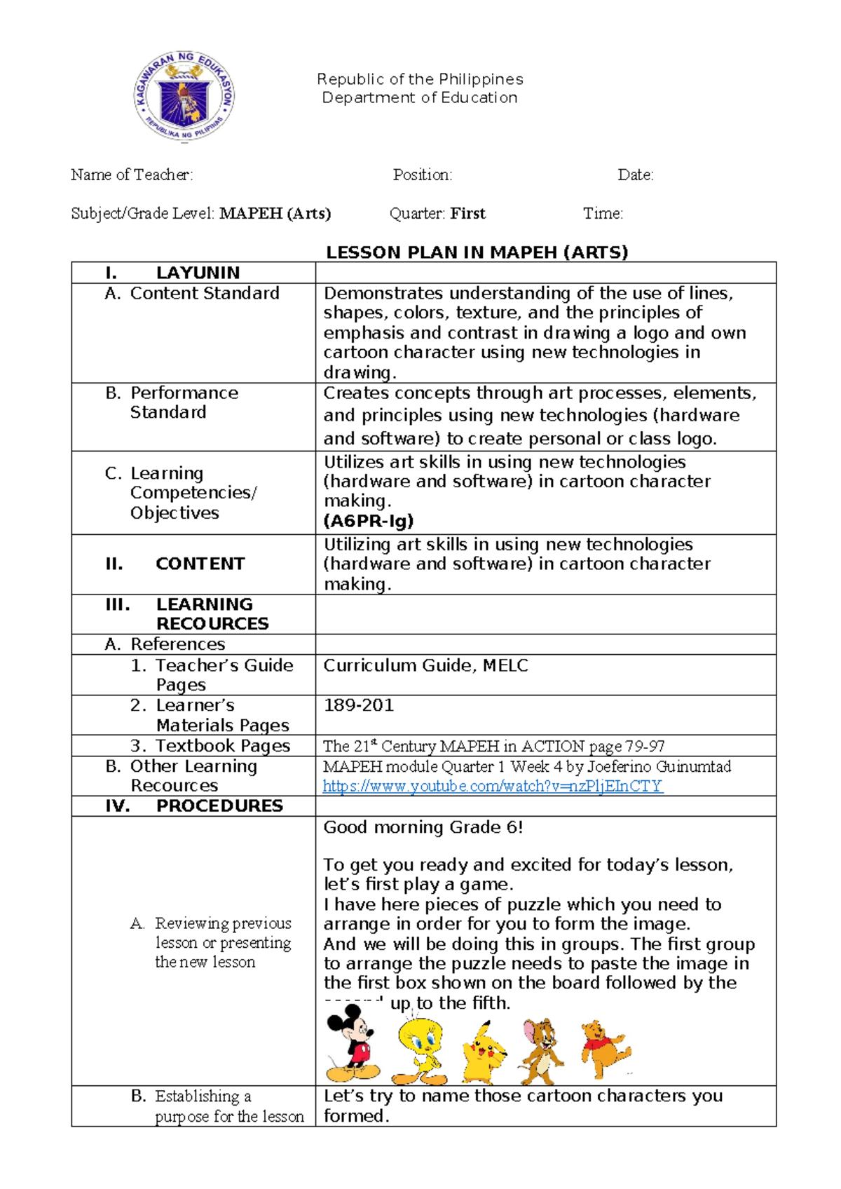 ARTS 6 - Detailed Lesson Plan for Cartoon Character Creation - Studocu