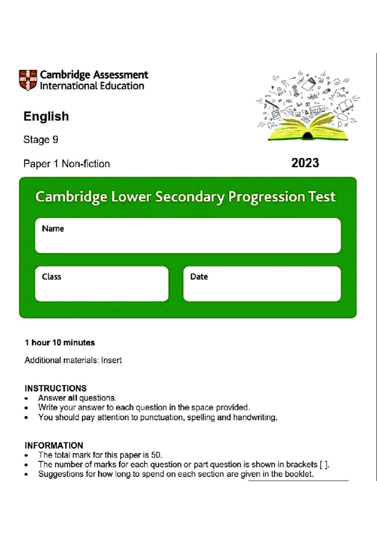 Cambridge Lower Secondary English Stage 9 Paper 1 Sample Exam 2023 - Document Preview