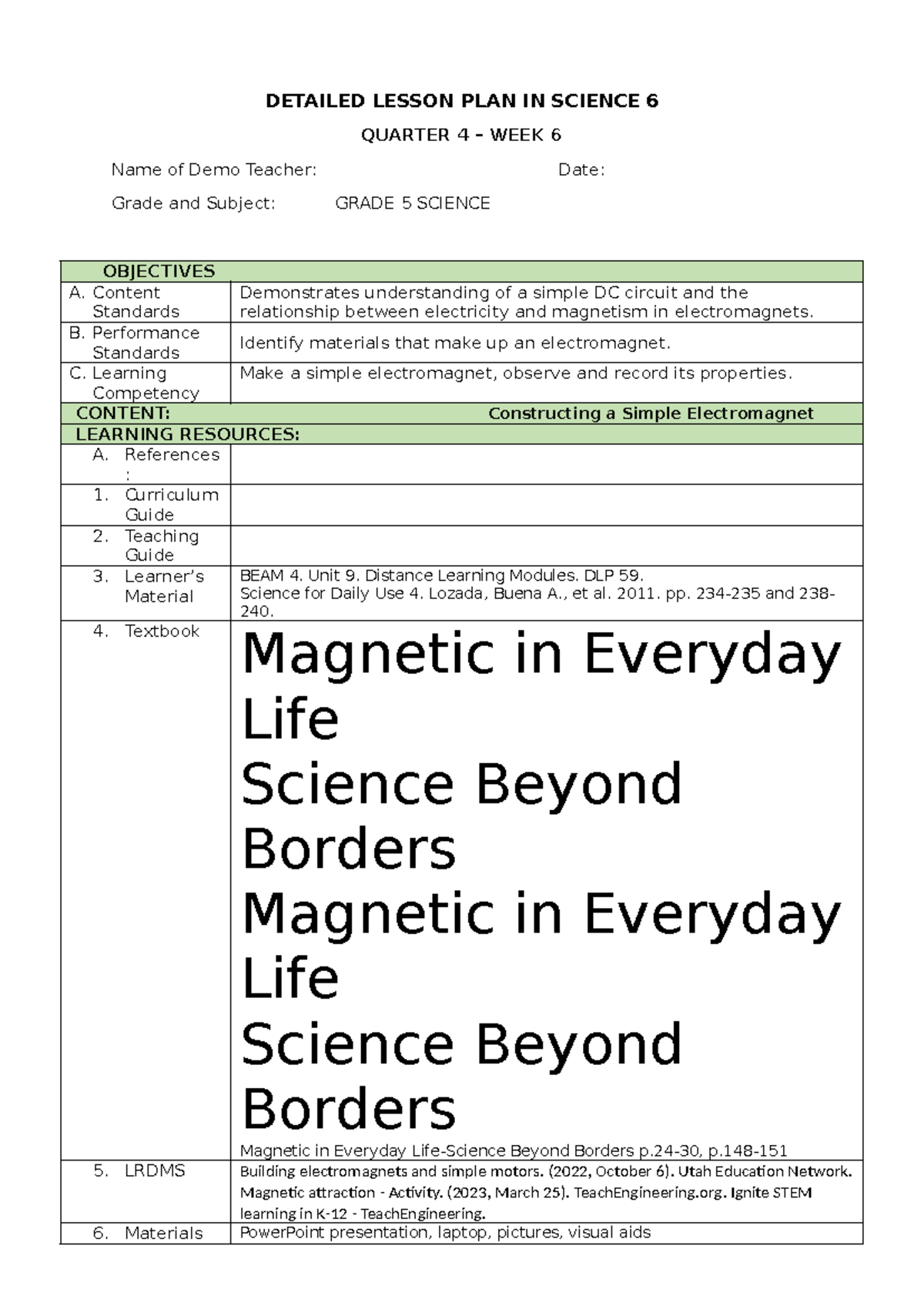 Detailed Lesson Plan in Science 5: Constructing an Electromagnet - Studocu