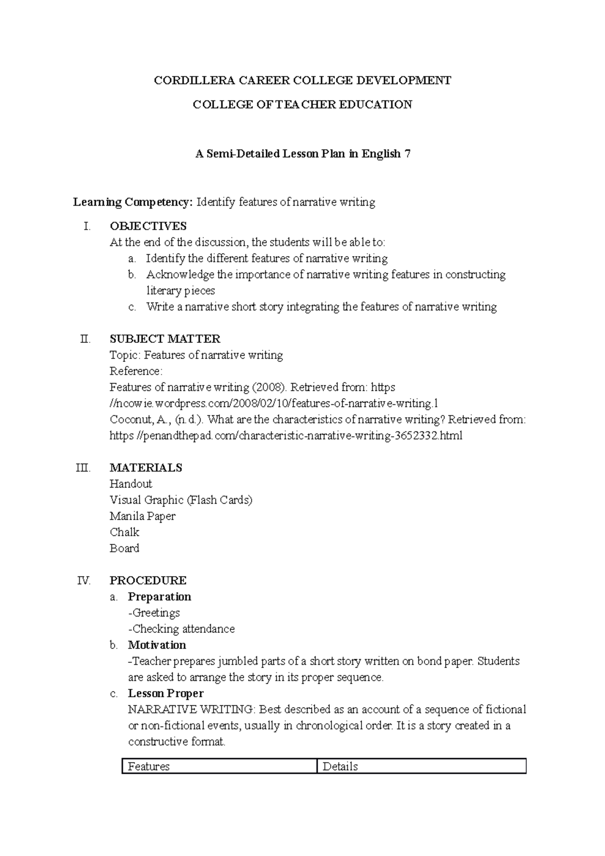 SED-TTL 2 Semi-Detailed Lesson Plan: Features of Narrative Writing ...