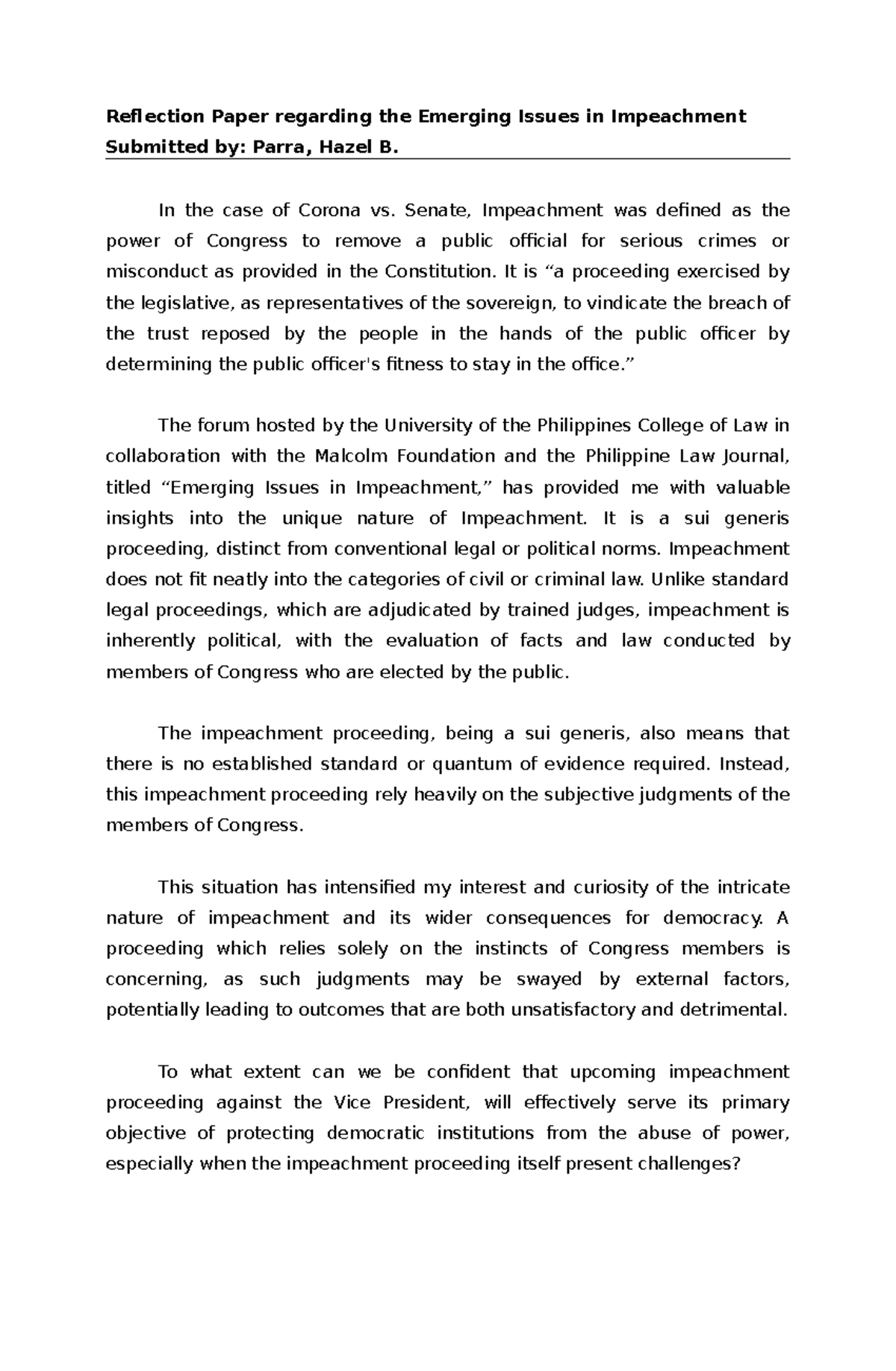 Reflection Paper - Emerging Issues in Impeachment Analysis - Studocu