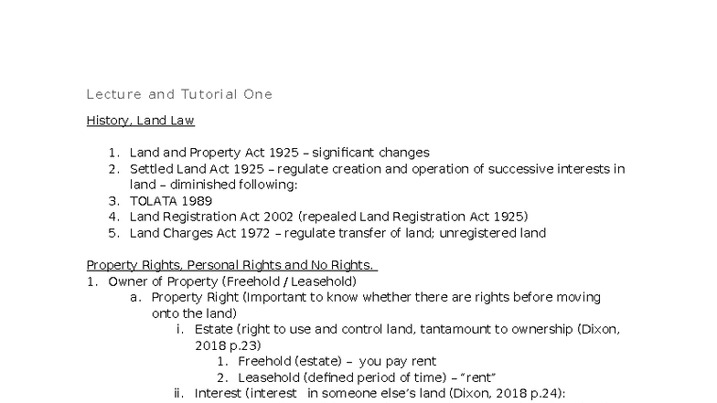 Land Law 1: Lecture Notes on Key Acts and Property Rights - Studocu
