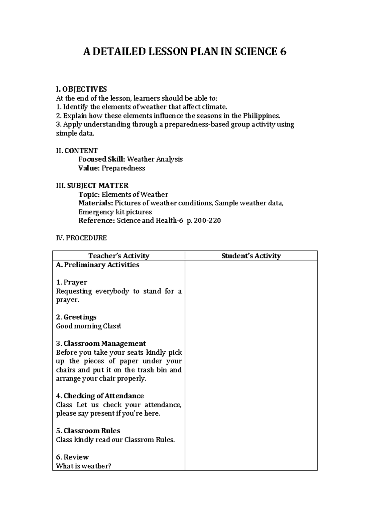 Detailed Lesson Plan: Elements of Weather in Science 6 - Studocu