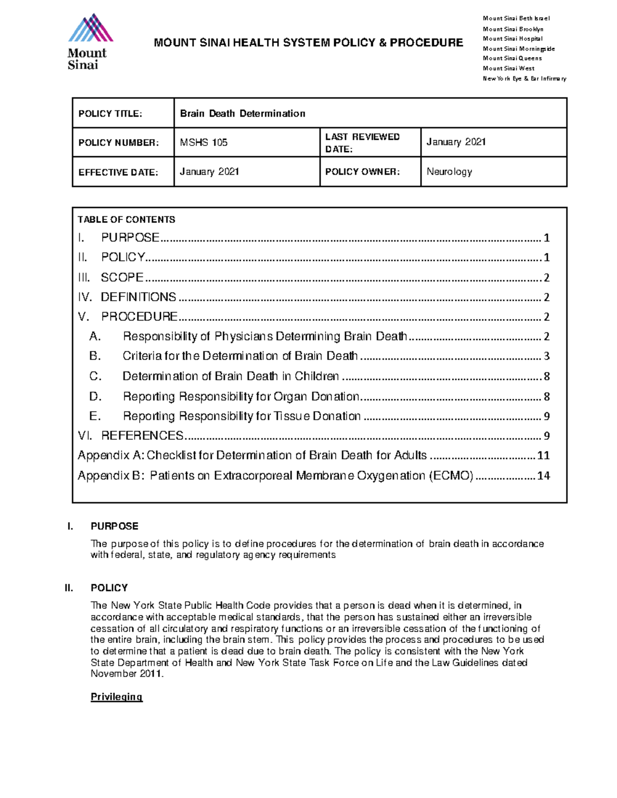 MSHS Brain Death Determination - Updated Jan 2021 - MOUNT SINAI HEALTH ...
