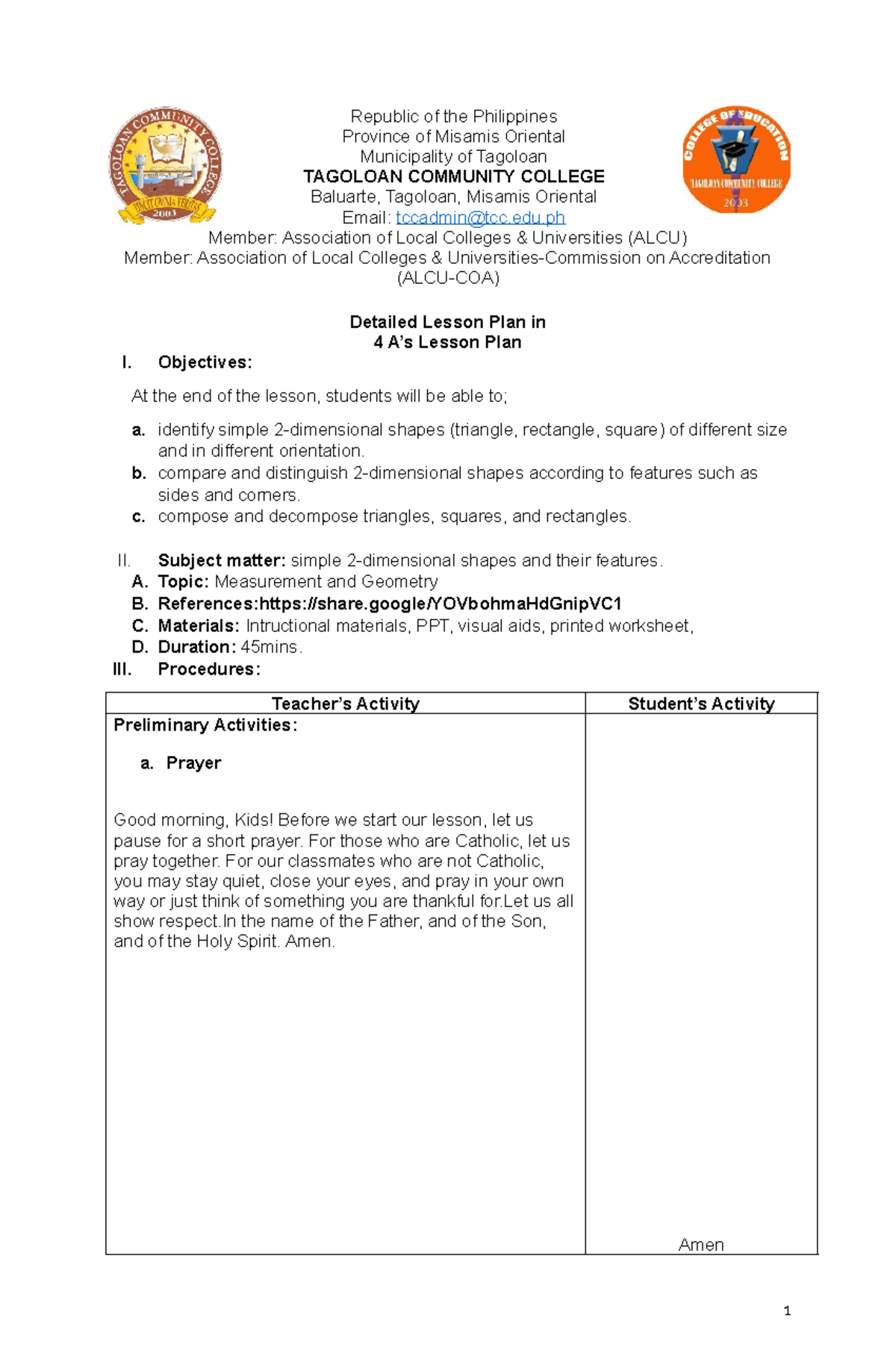 Detailed Lesson Plan on Simple Shapes for Grade 1 (Math 101) - Studocu