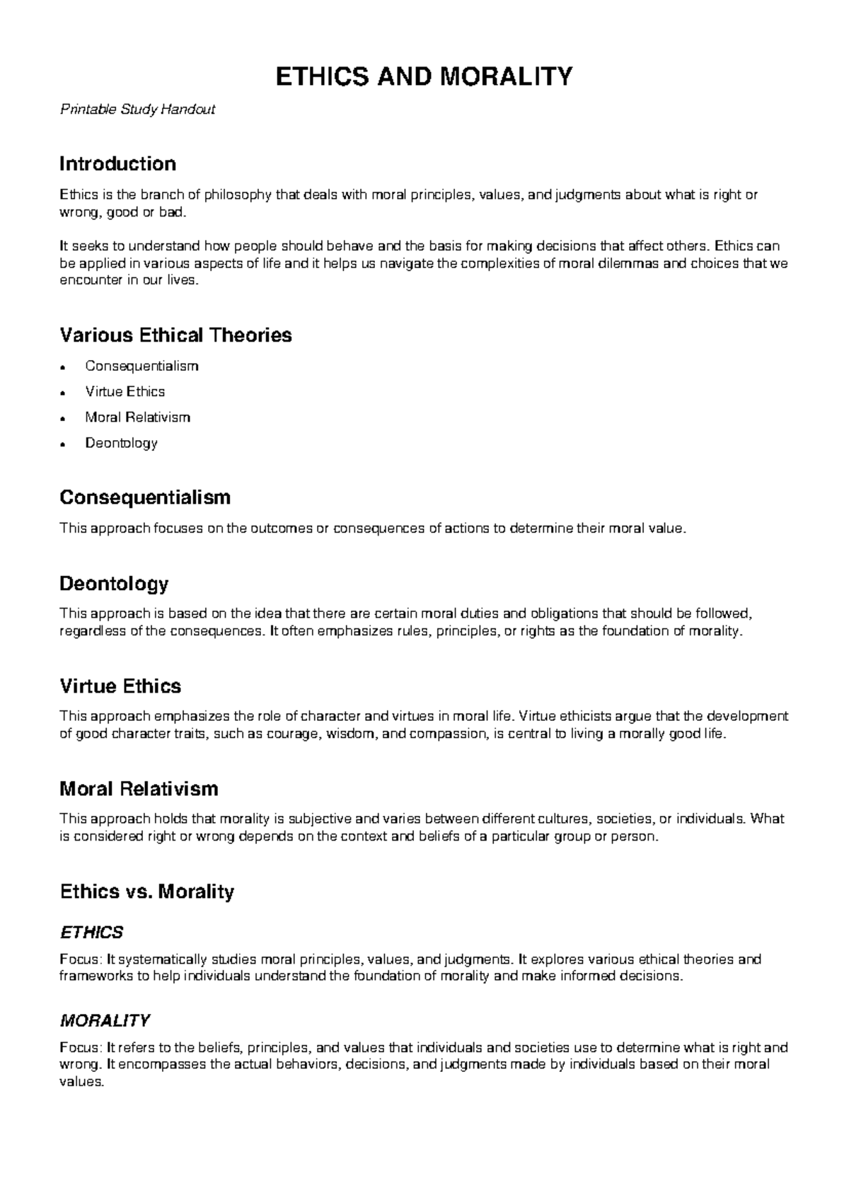 ETHICS 101: Comprehensive Study Handout on Moral Principles - Studocu