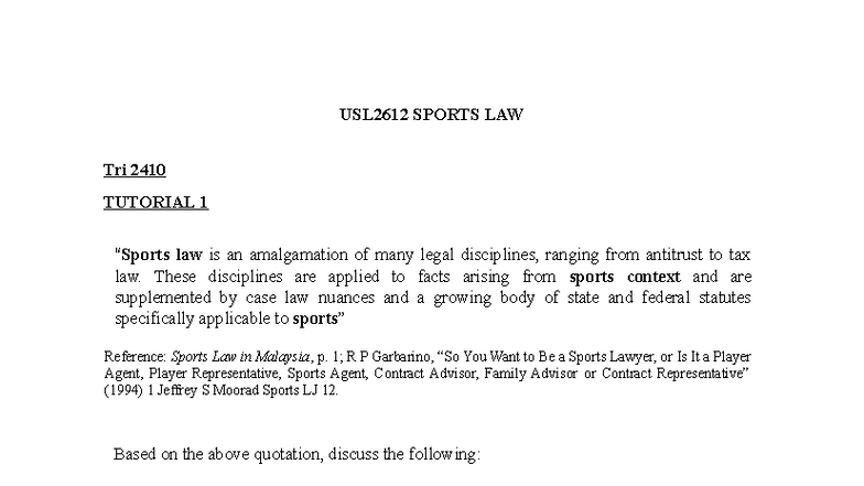 USL2612 SPORTS LAW Tri 2410 TUTORIAL 1: Overview and Key Concepts - Studocu