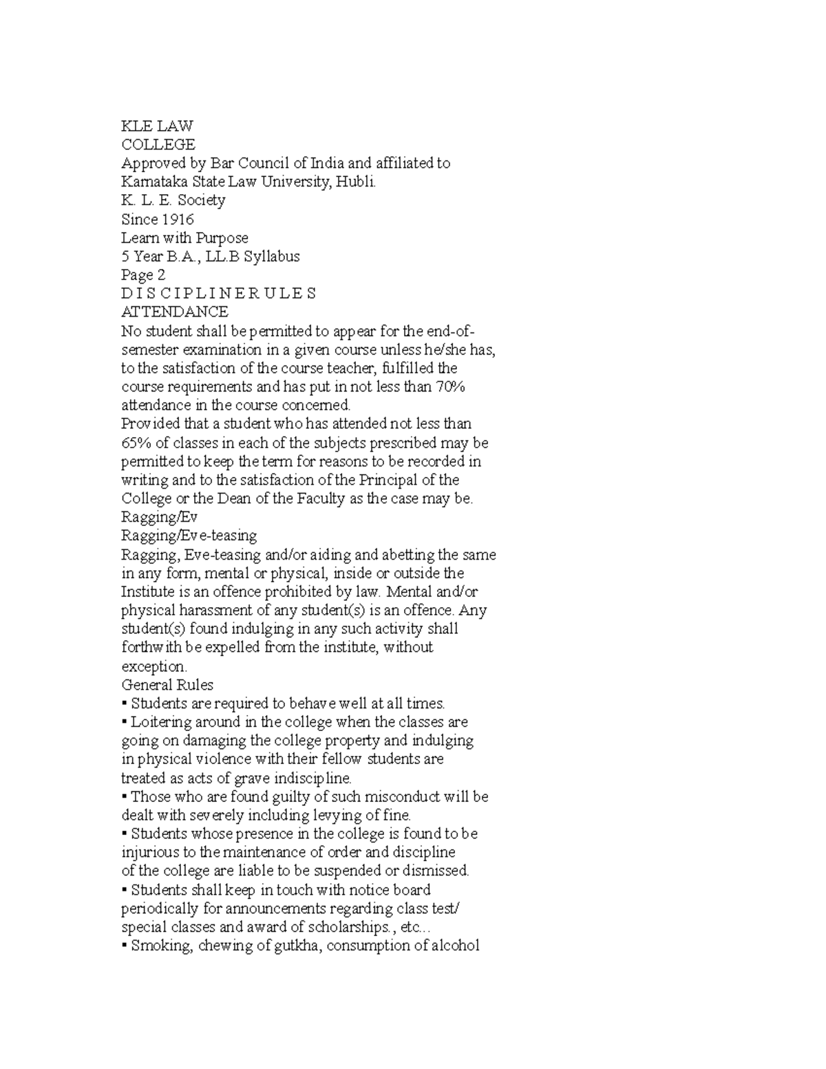 KSLU 5 Year B.A., LL.B Syllabus: Course Guidelines and Regulations ...