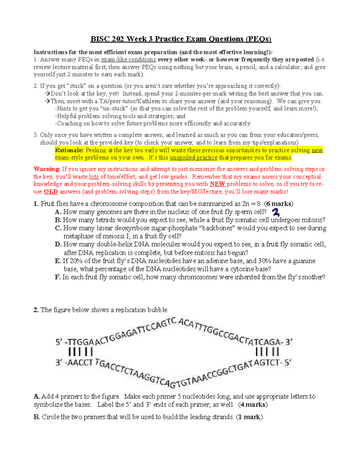 BISC 202 Week 3 Practice Exam Questions (PEQs) on Replication ...