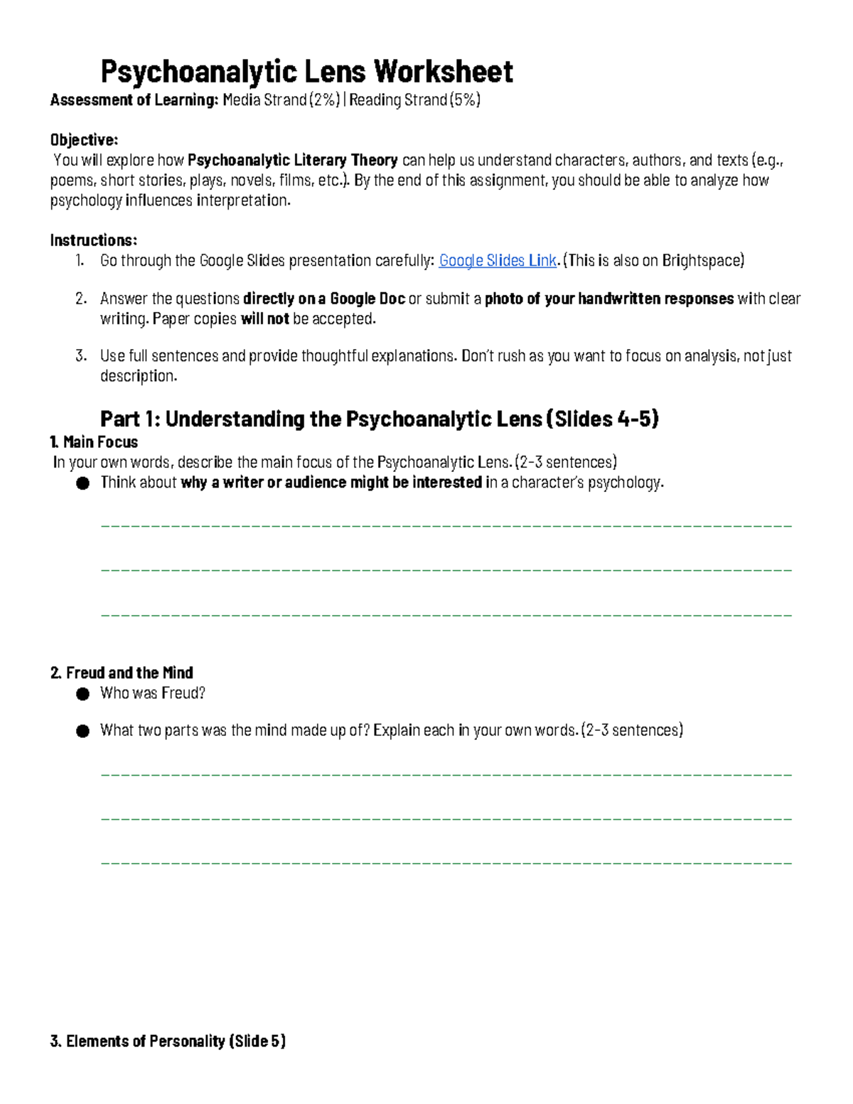 Psychoanalytic Lens Worksheet: Analyzing Texts through Freud's Theory ...