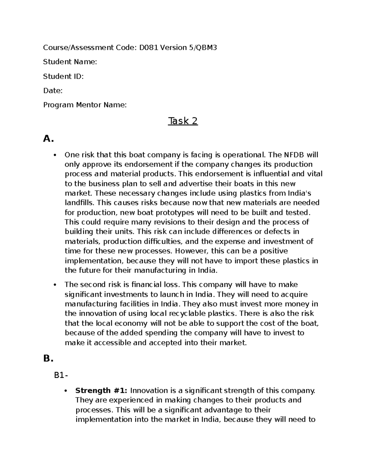 D081 Task 2: Risk Analysis and Strategic Opportunities for Boat Company ...