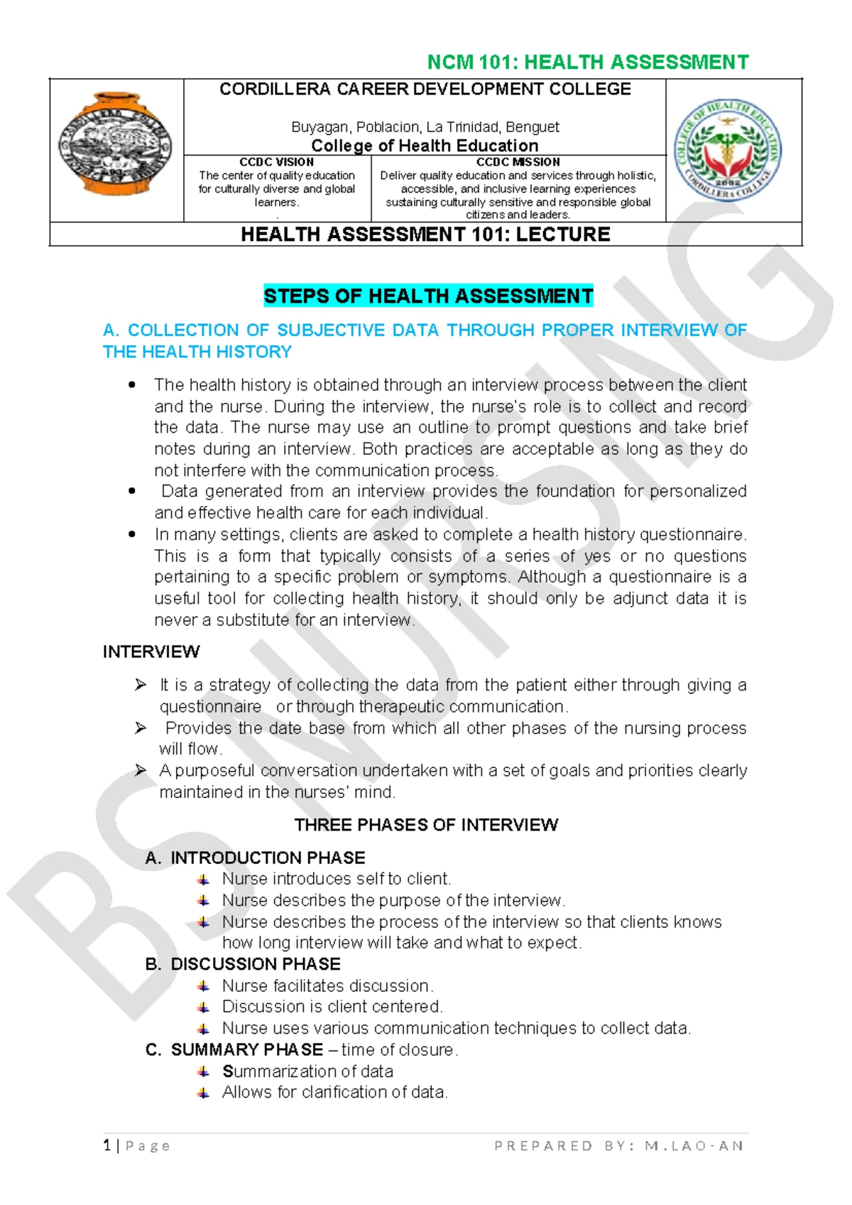 NCM 101: Comprehensive Review of Systems for Health Assessment - Studocu