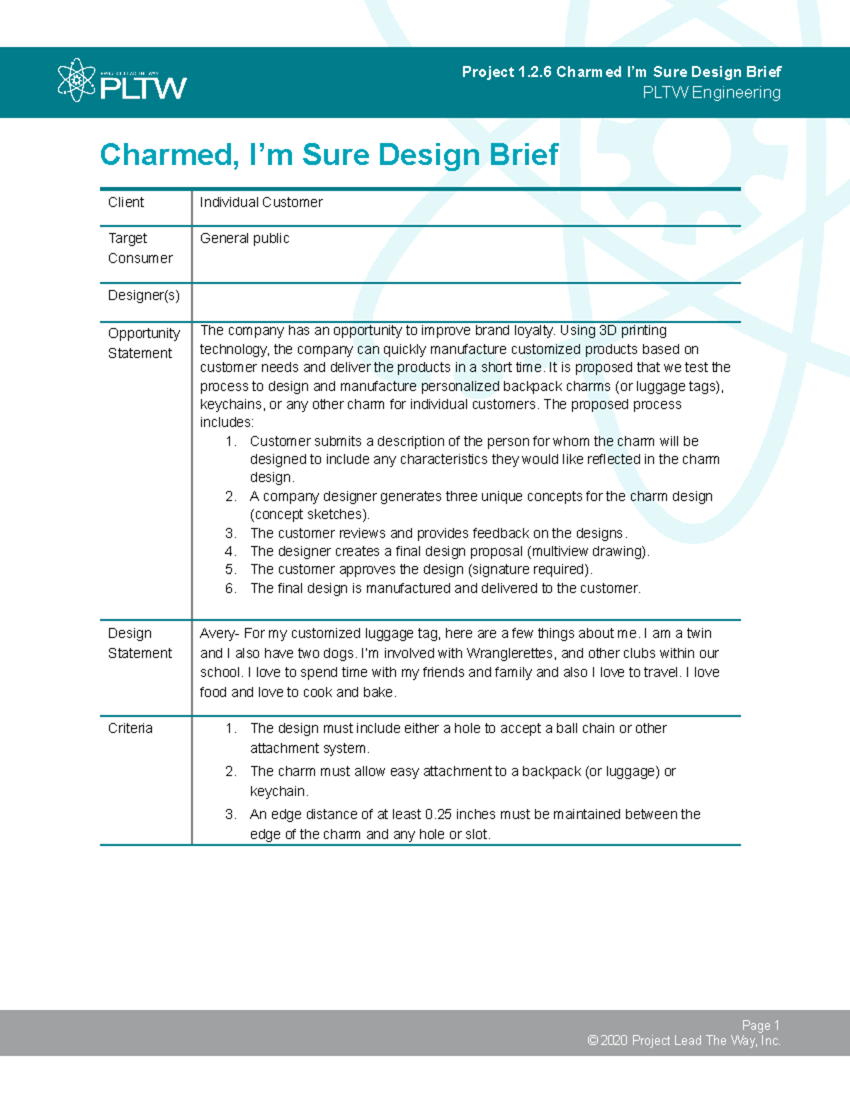 Copy of A126 Charmed Im Sure Design Brief - Project 1.2 Charmed I’m ...