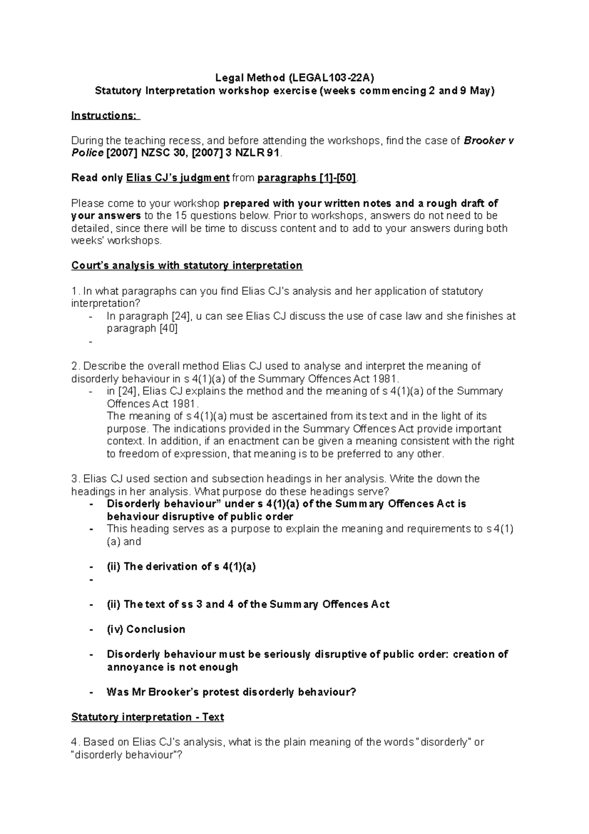 Statutory interpretation workshop exercise - Legal Method (LEGAL103-22A ...