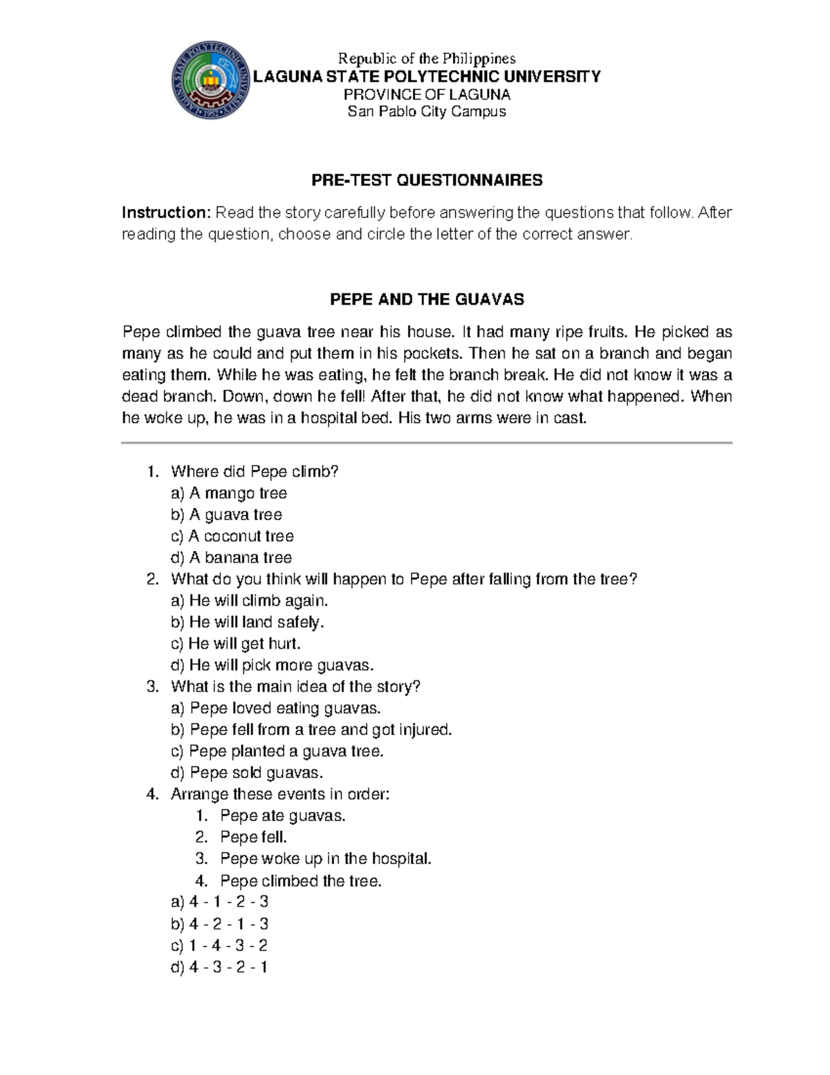 LAGUNA LITERACY ASSESSMENT: PRE-TEST & POST-TEST QUESTIONNAIRES - Studocu
