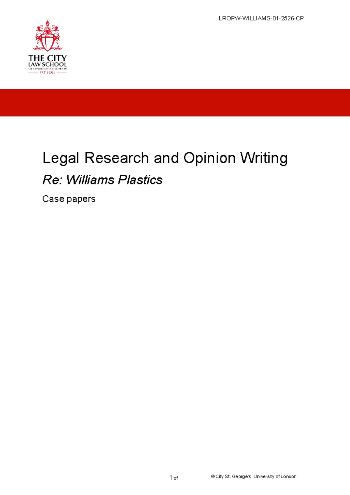 Legal Research & Opinion Writing: Williams Plastics Case Study (City St ...