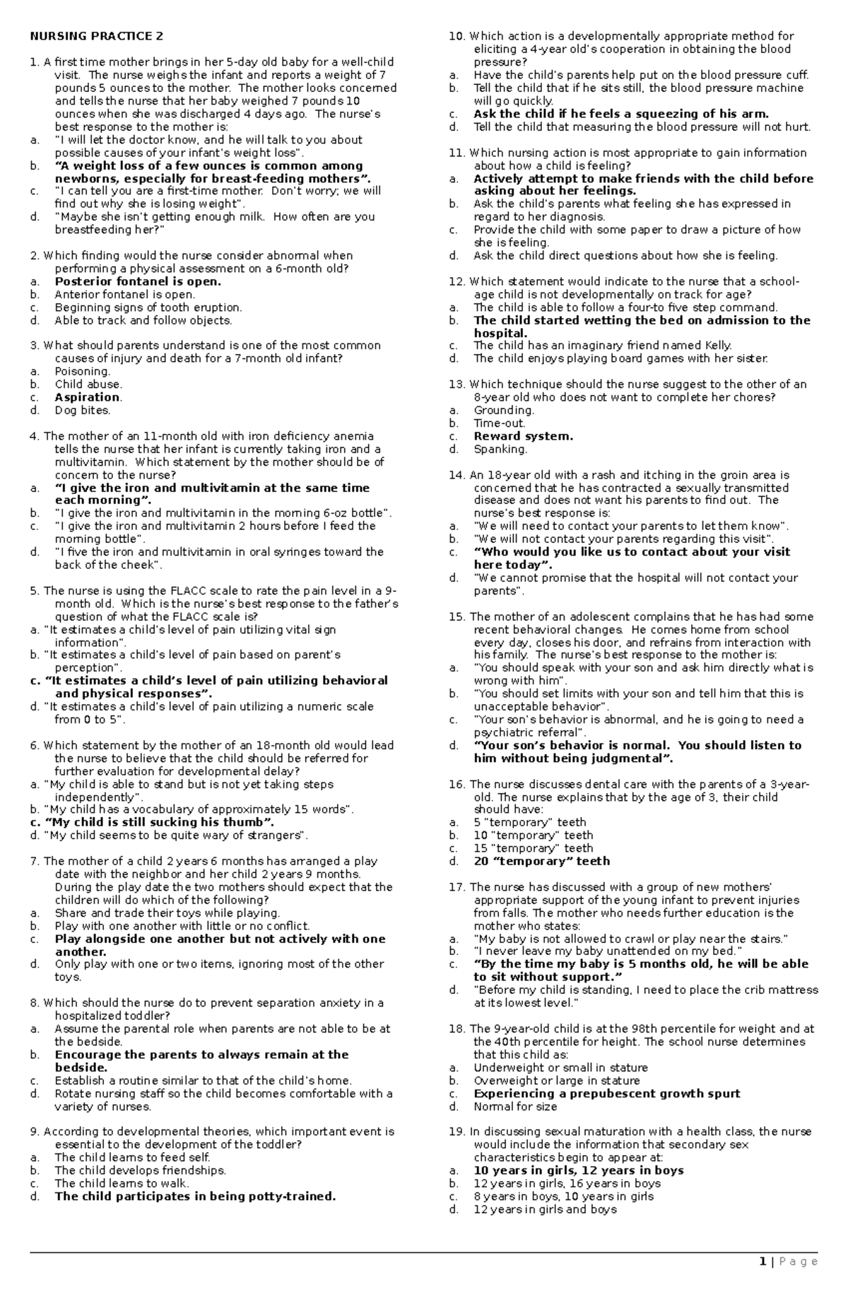 NP 2 Final Exam Study Guide: Pediatric Nursing Scenarios and ...
