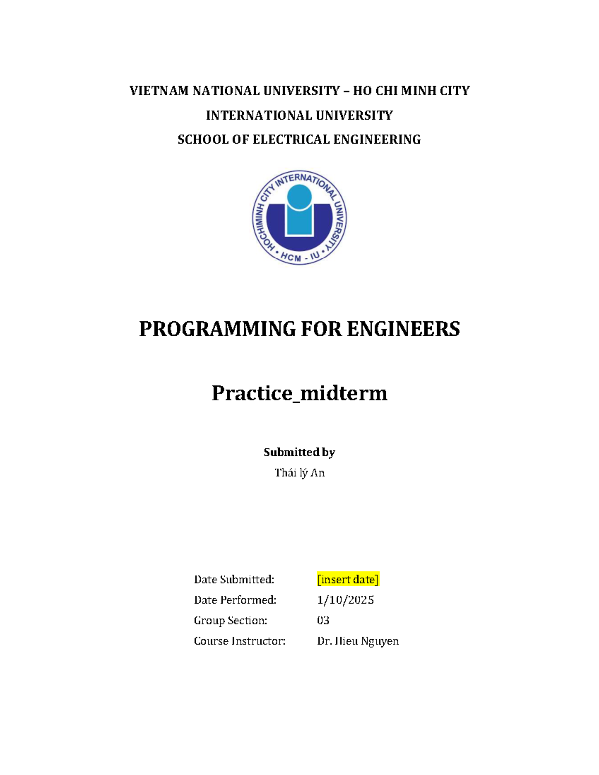 Practice Midterm for Programming for Engineers EE057IU - Studocu