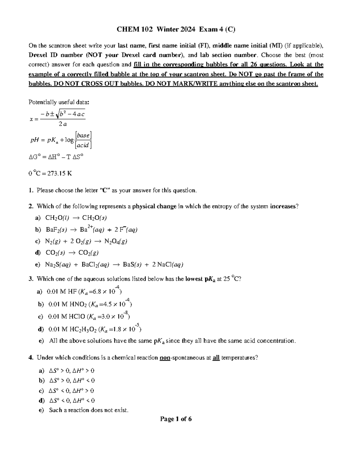CHEM 102 Winter 2024 Exam 4 (C) Answer Key and Review - Studocu