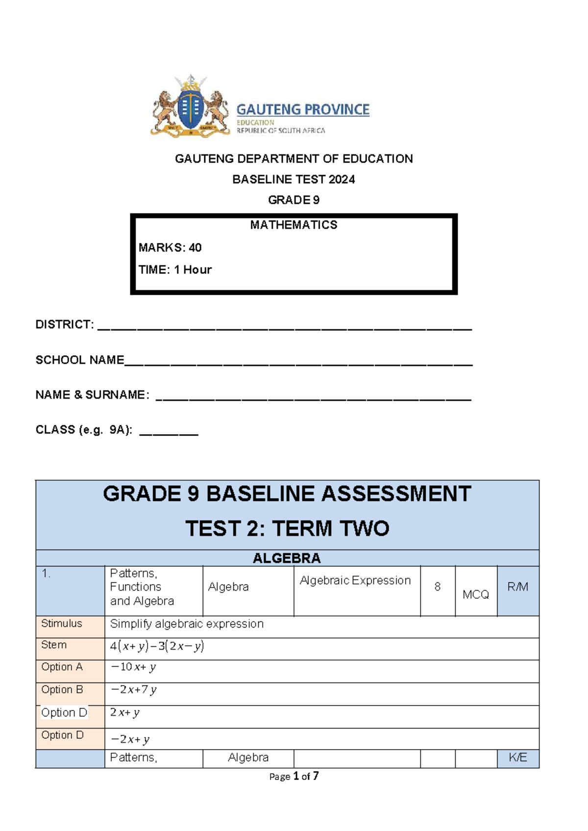GAUTENG DEPARTMENT OF EDUCATION GRADE 9 MATHEMATICS BASELINE TEST 2024 ...