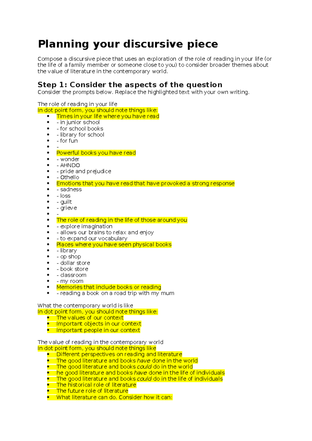 Planning Your Discursive Piece: The Role of Reading in Life - Studocu