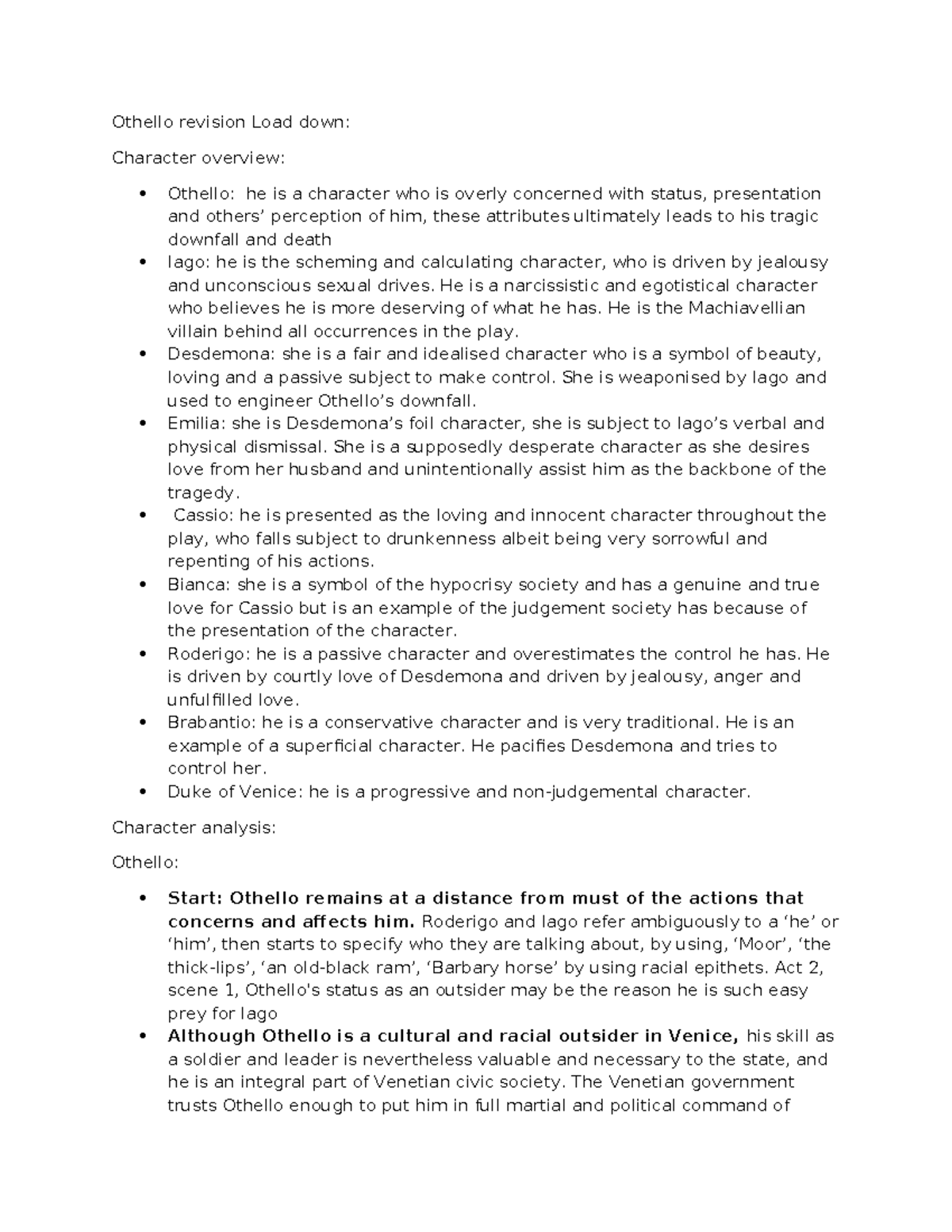 Othello Character Analysis & Setting Overview for ENG 201 Revision ...