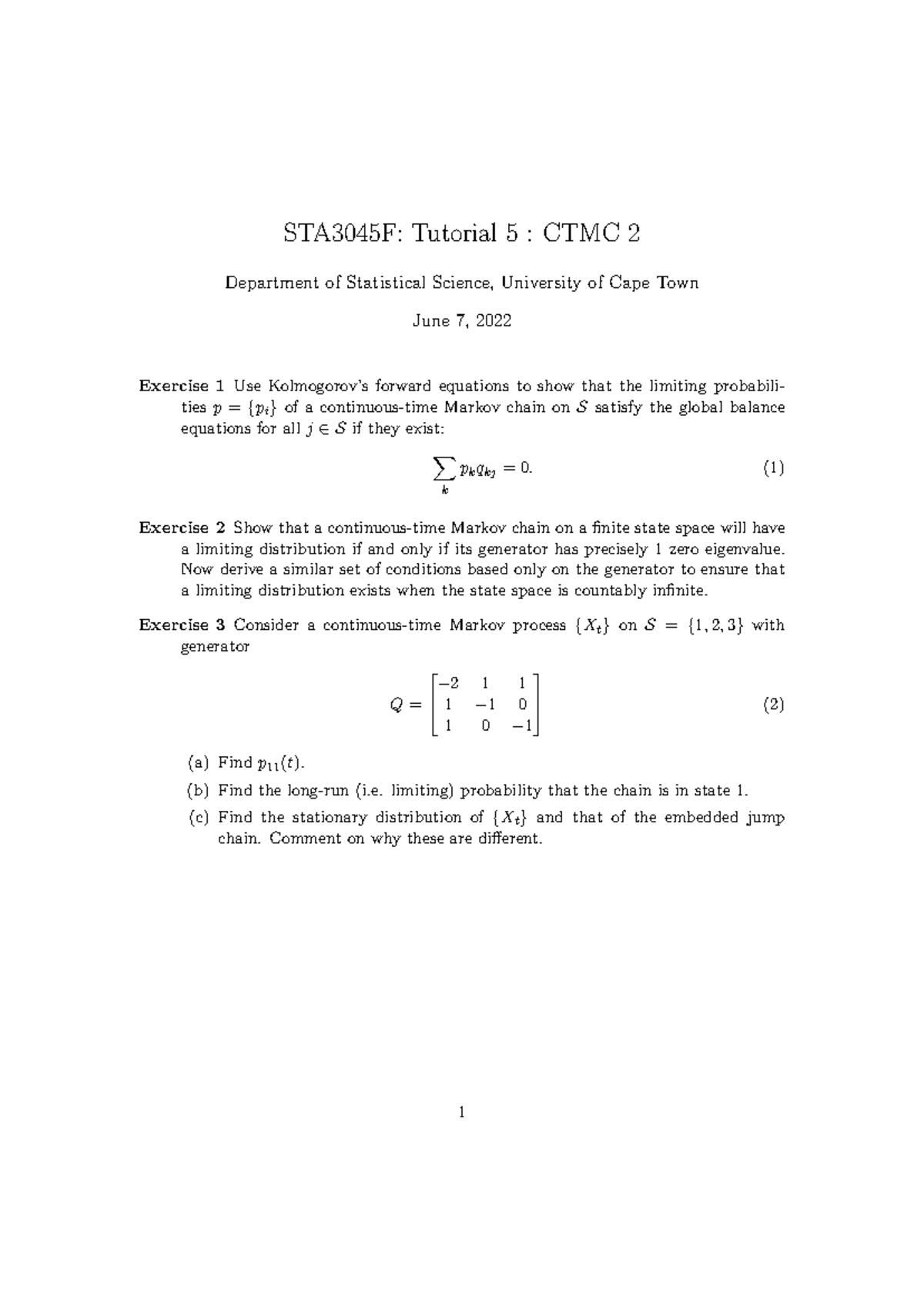STA3045F: Tutorial 5 - Continuous-Time Markov Chains Analysis - Studocu