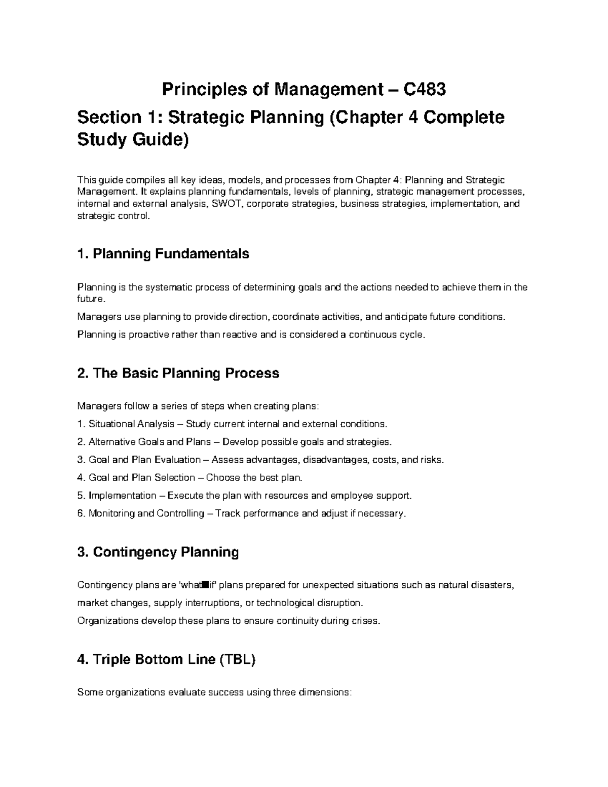 C483 Principles of Management: Chapter 4 Strategic Planning Guide - Studocu