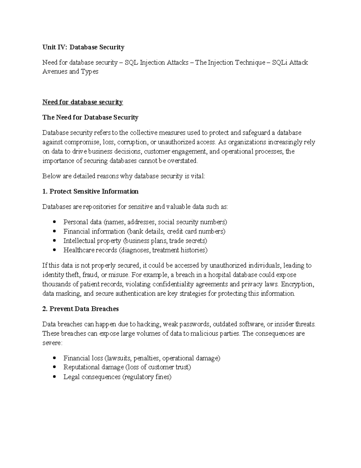 Unit IV: Database Security & SQL Injection Attacks Overview - Studocu