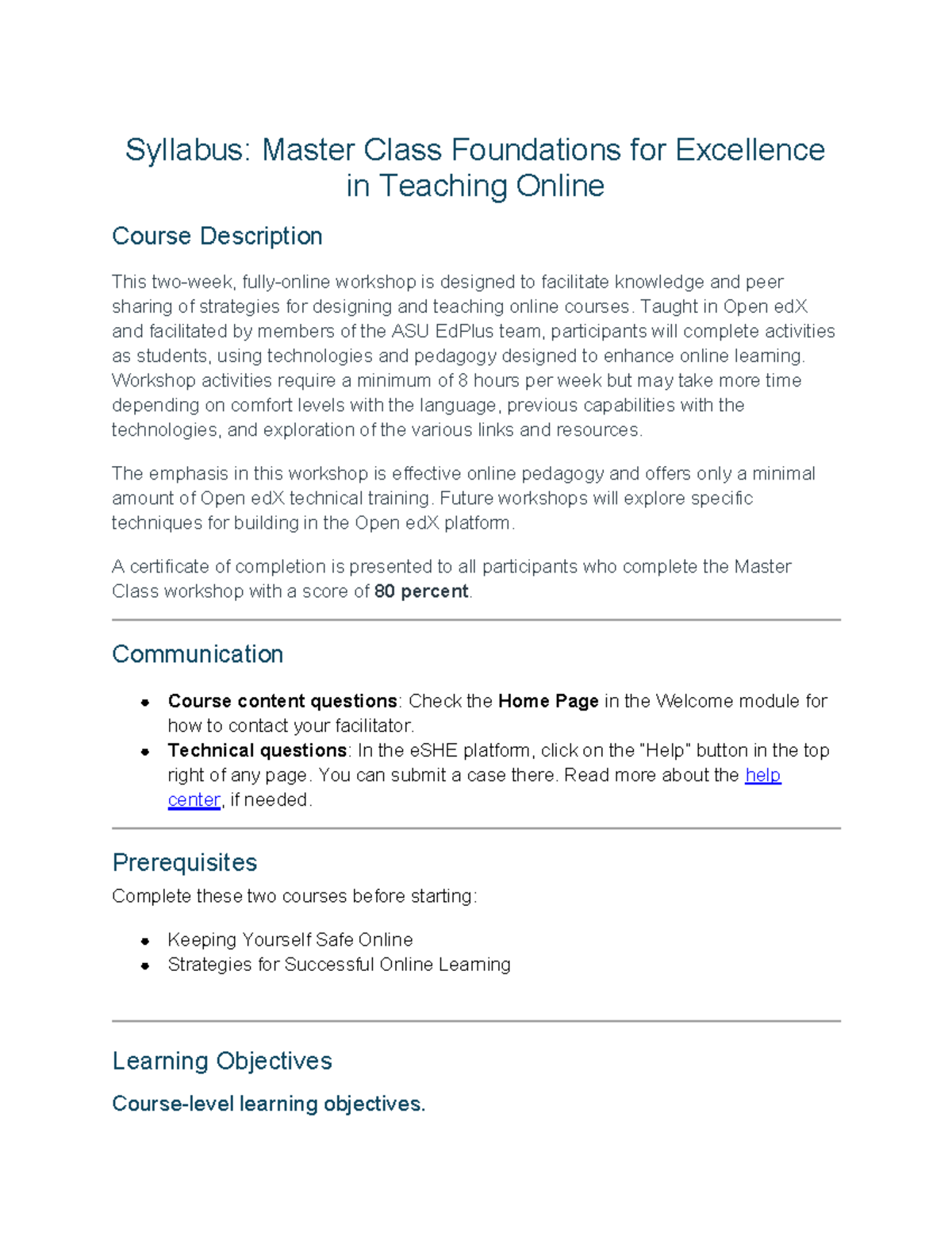 Master Class Syllabus: Foundations for Excellence in Teaching Online ...