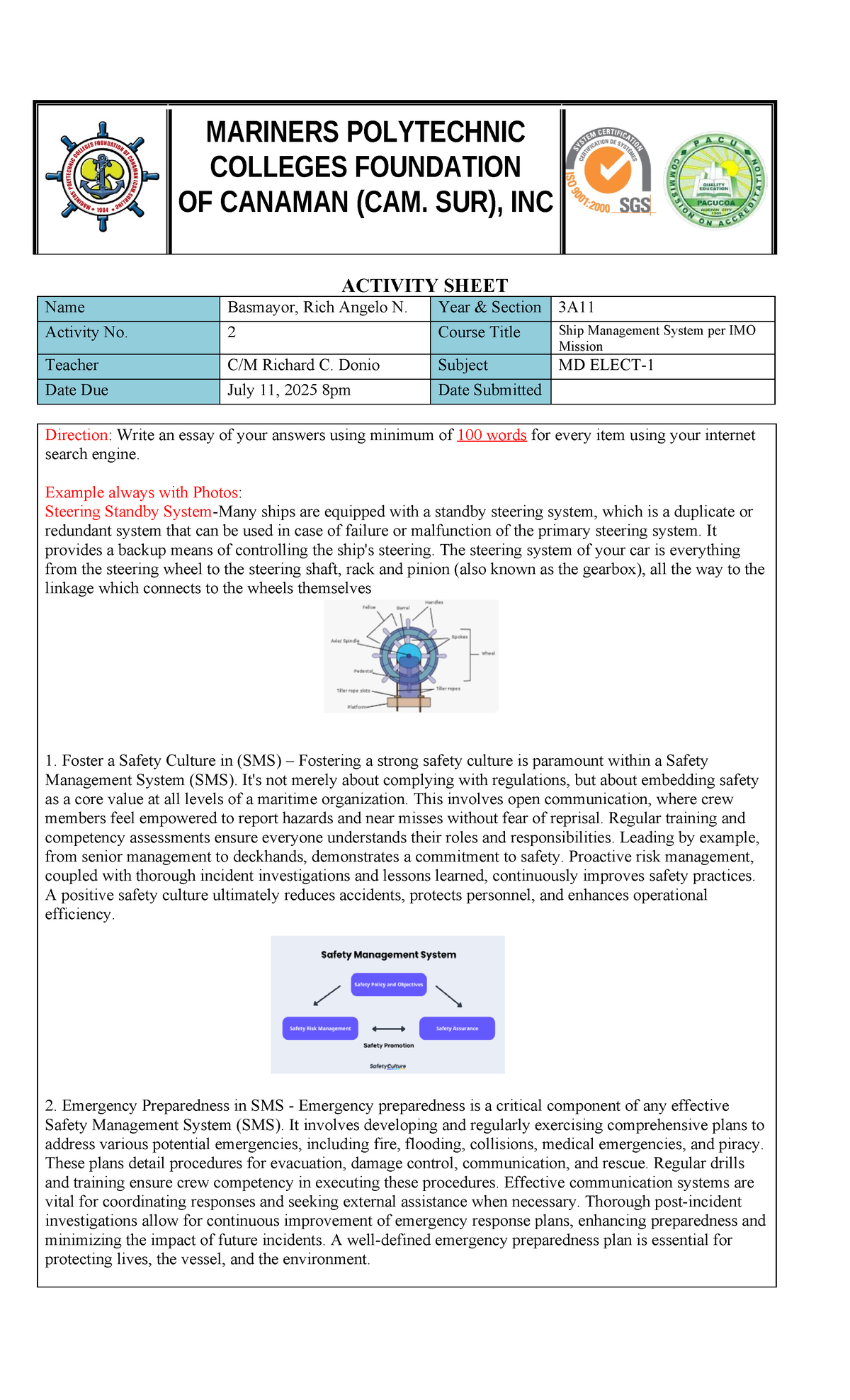 MD Ship Management System Activity No. 2: Safety Culture & Emergency ...