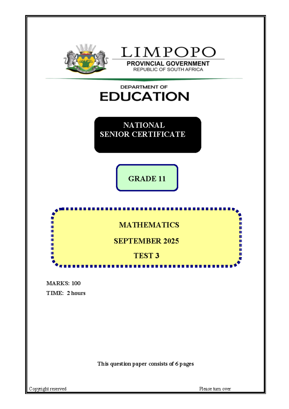 Mathematics Test 3 LDoE 2025 NSC Grade 11 Exam Paper - Studocu