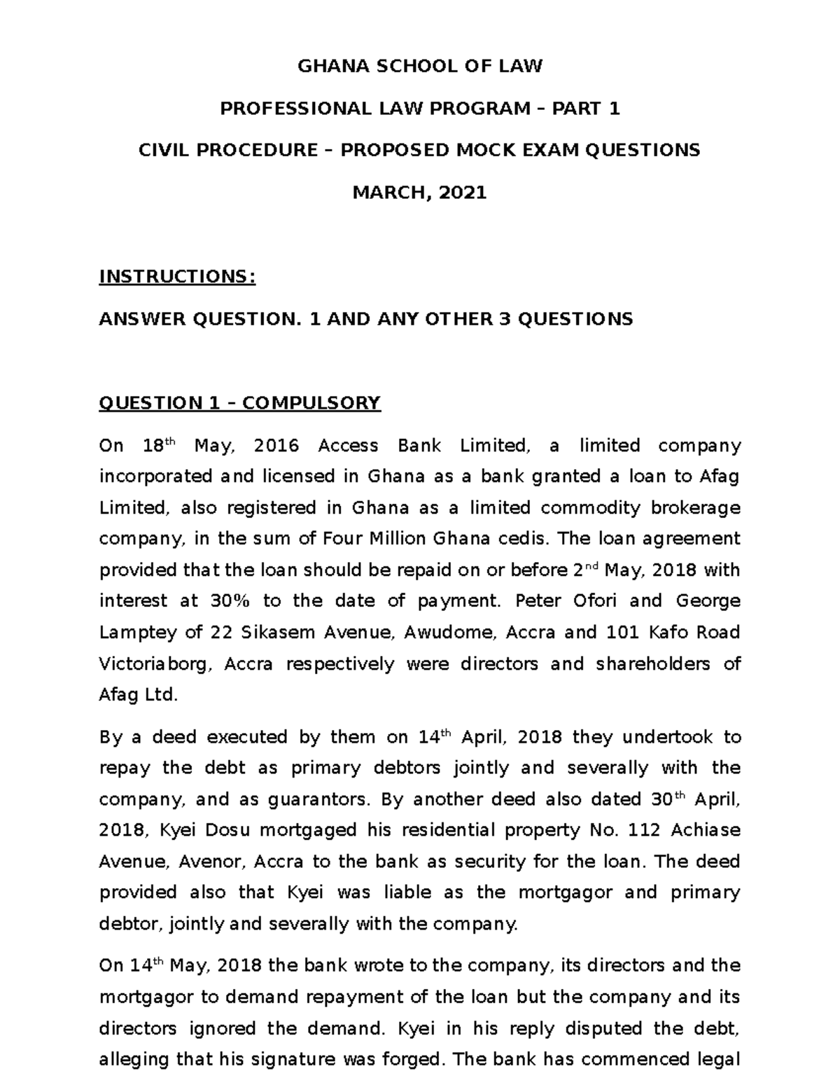 Proposed Mock Exam Questions for Civil Procedure (CIVPRO-1) - March ...