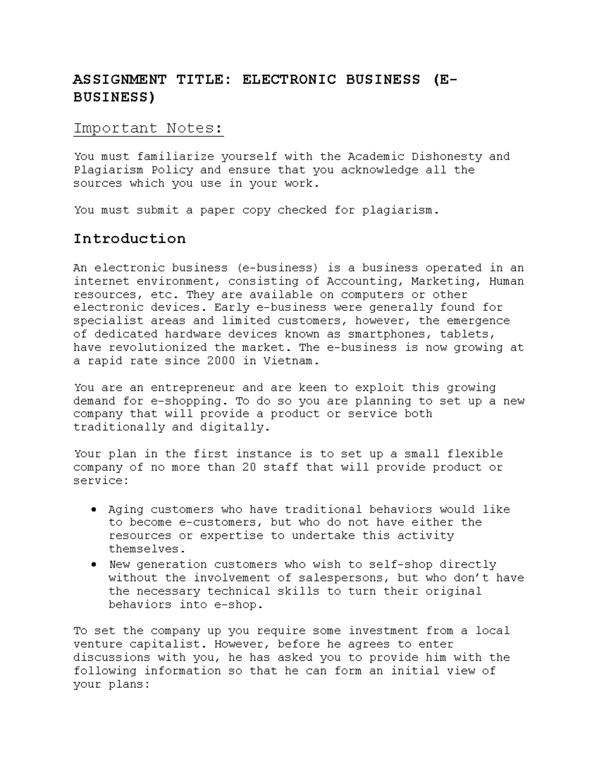 E-Business Plan Assignment-BIS-2024: Establishing a Startup Framework ...