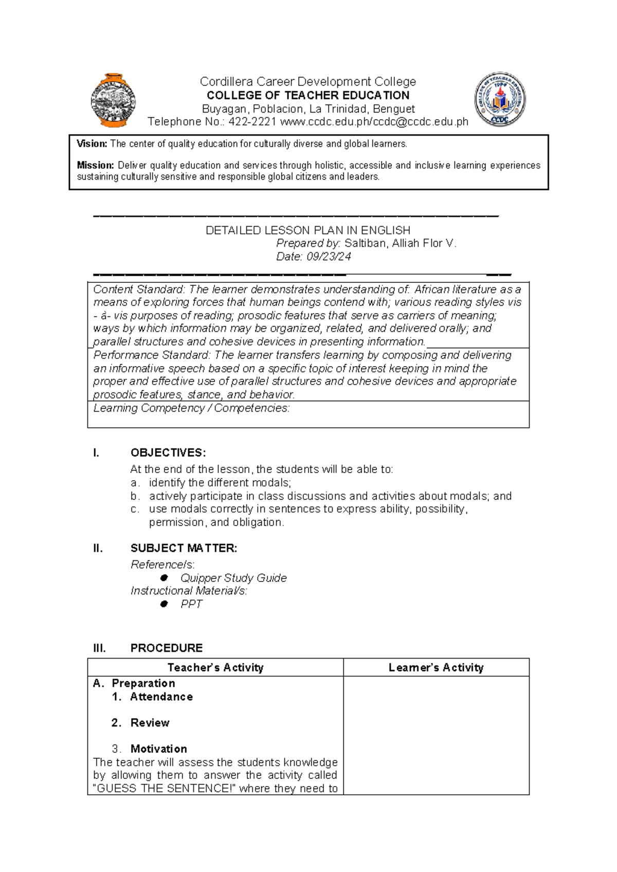 Modals Lesson PLAN ( Final) - Cordillera Career Development College ...