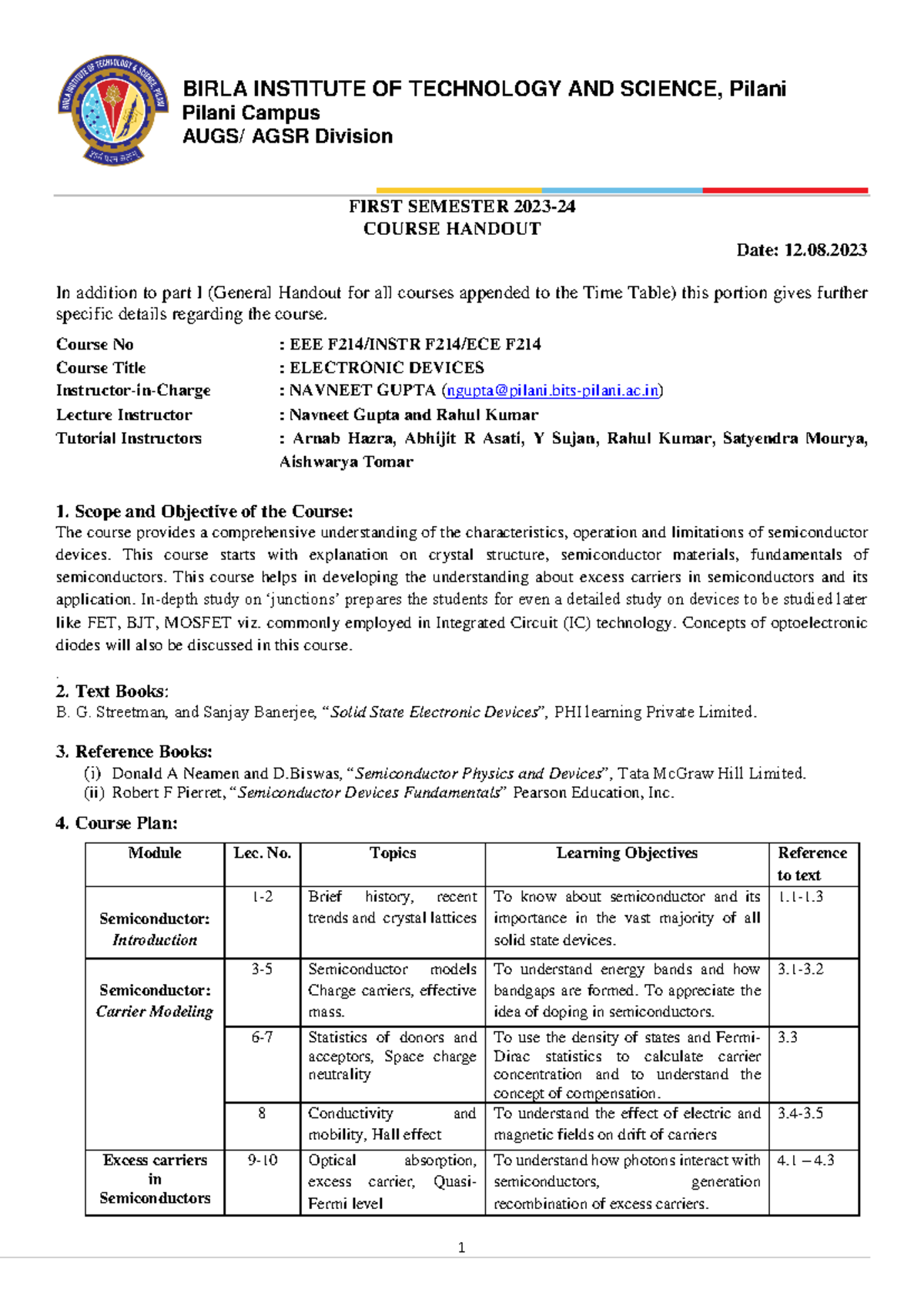 EEE F21 4 Course Handout: Electronic Devices Overview (2023-24) - Studocu