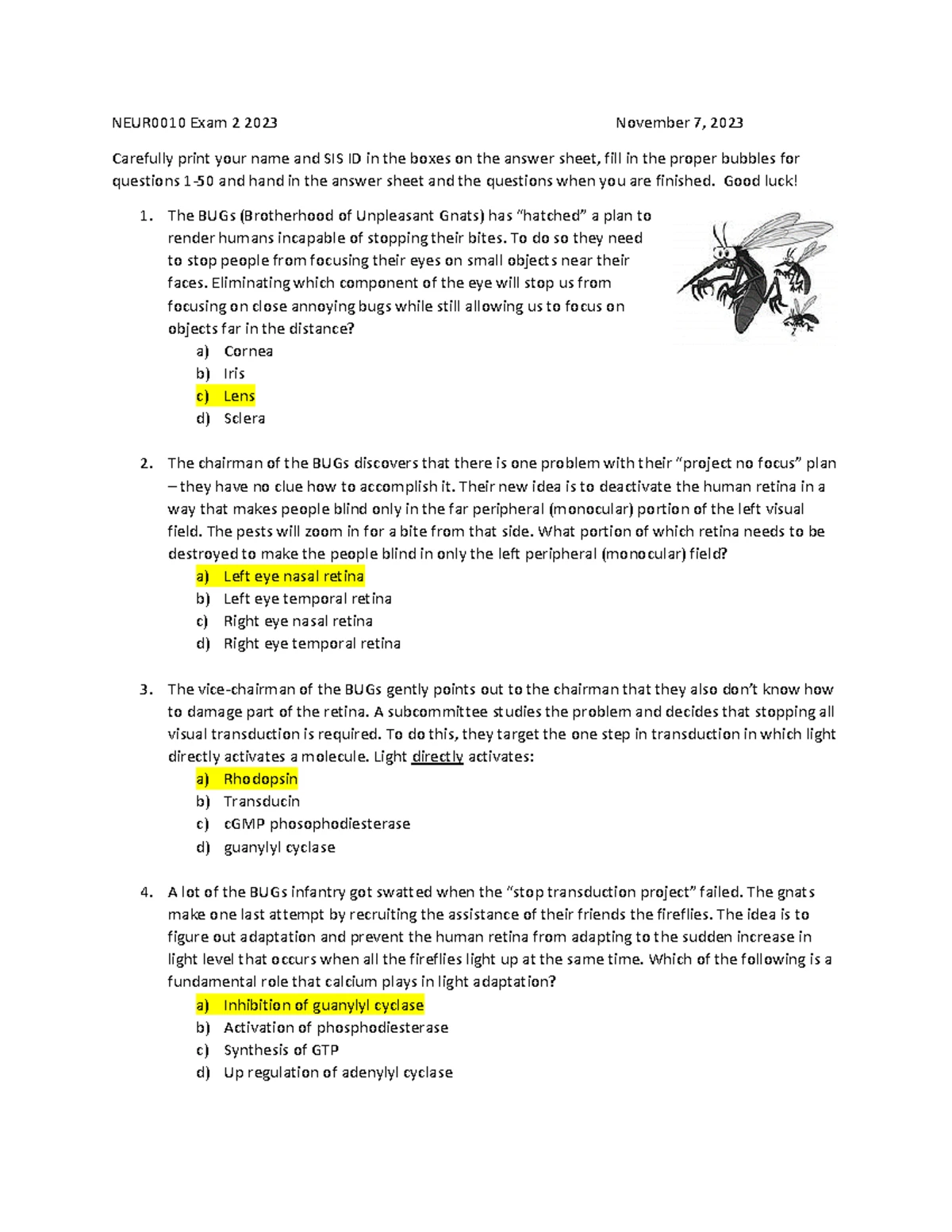NEUR0010 Exam 2 2018 Answer Key - Neuro 1 2018 November 6, 2018 Exam 2 ...