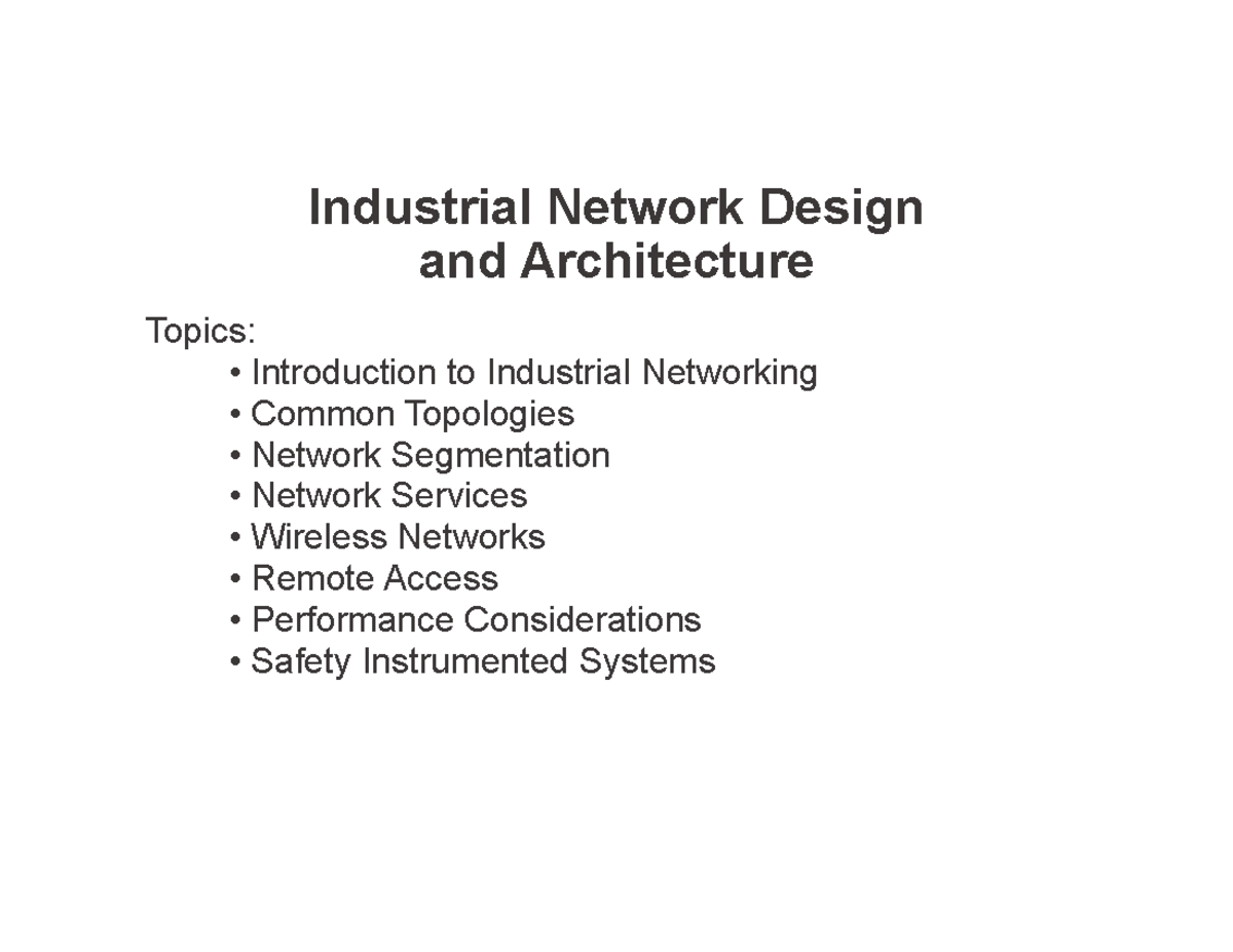 L08 Industrial Network Design & Architecture Overview and Topics - Studocu