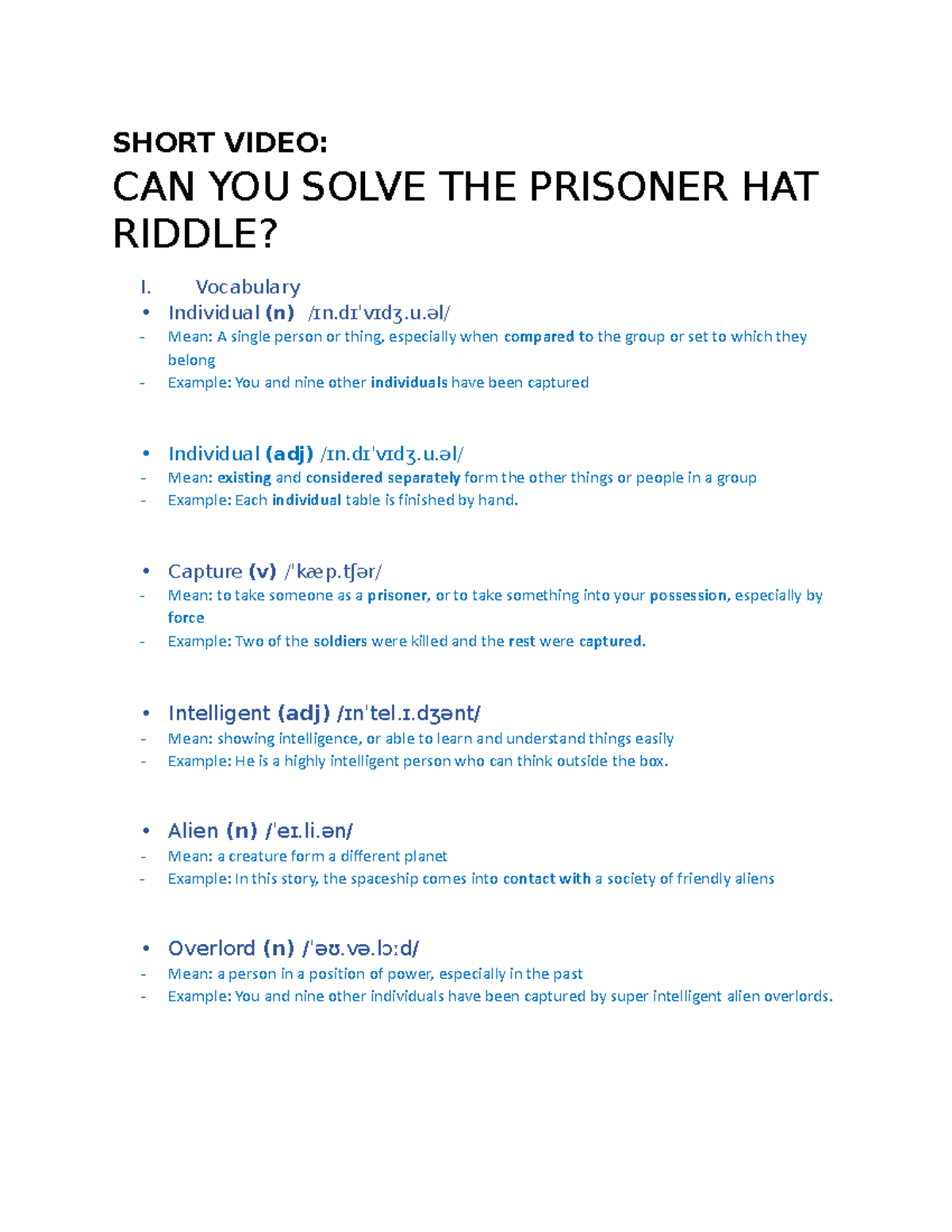 TOEIC - Short Video: Solving the Prisoner Hat Riddle Vocabulary - Studocu