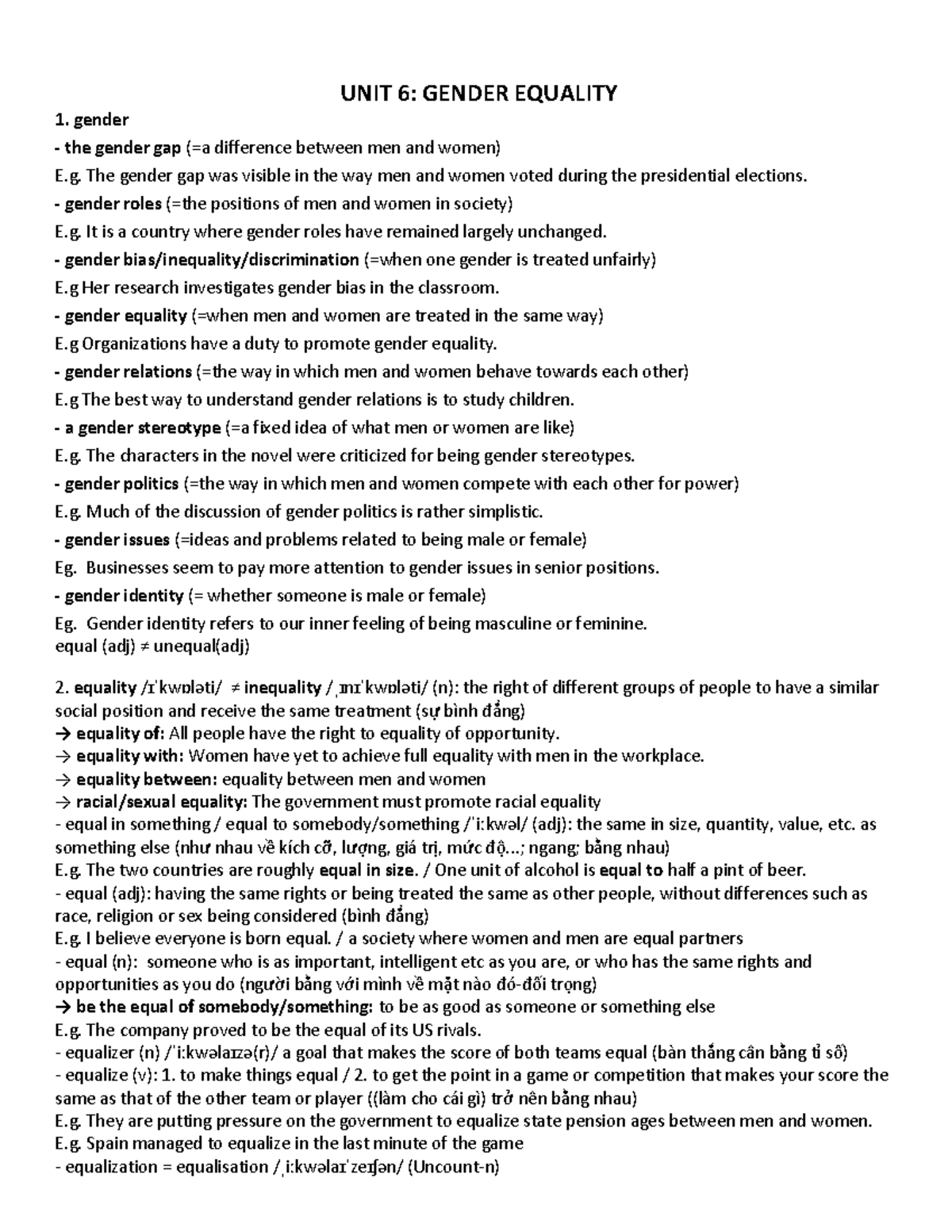 UNIT 6: GENDER EQUALITY - Key Concepts and Vocabulary - Studocu