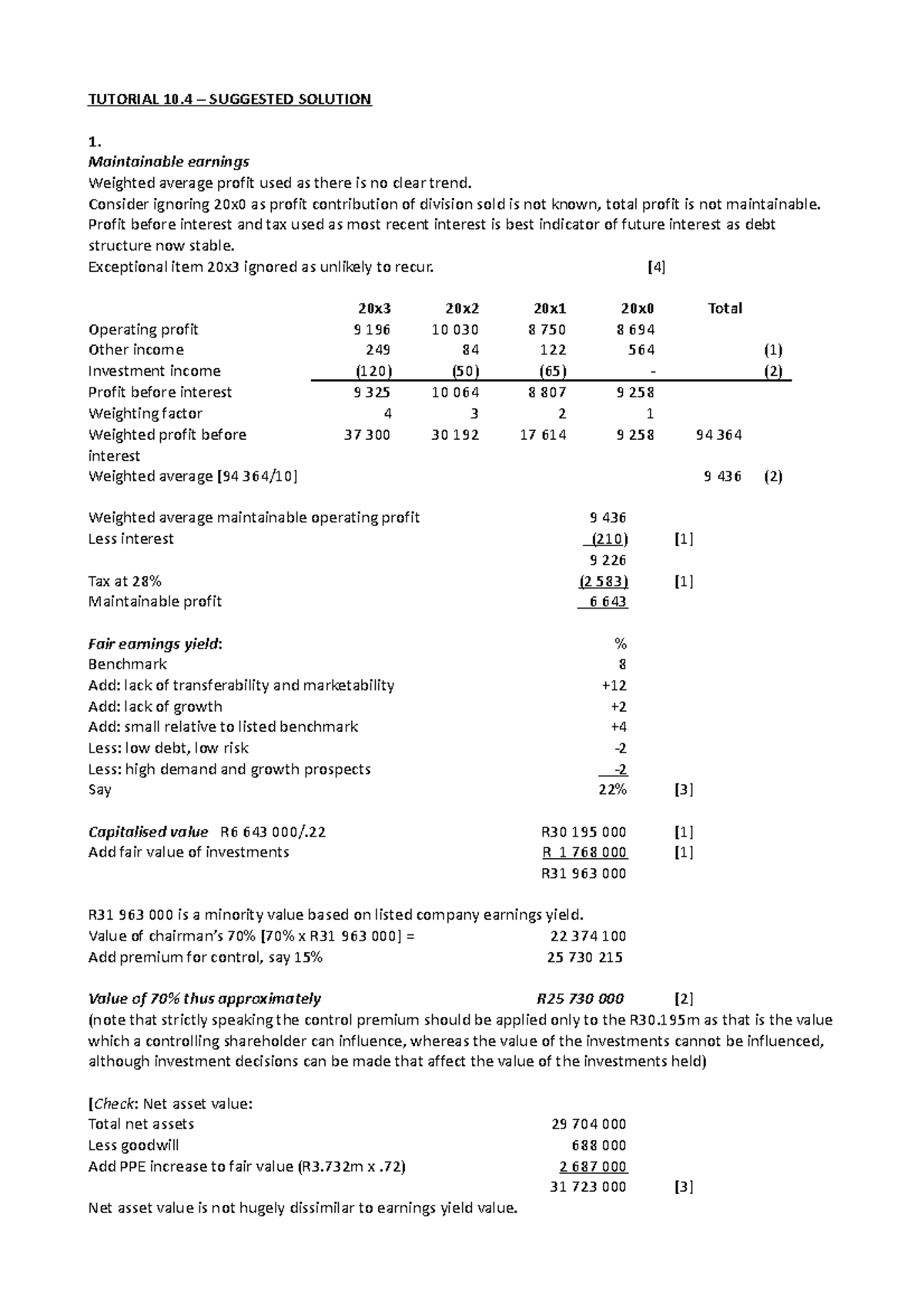 Tutorial 10.4 - Suggested Solutions for Earnings Valuation Analysis ...