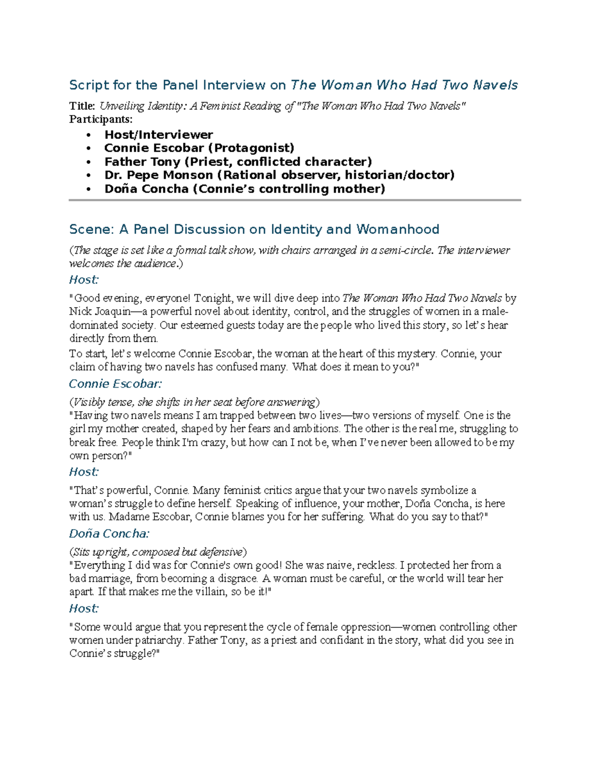 Script for Roleplay - Script for the Panel Interview on The Woman Who ...