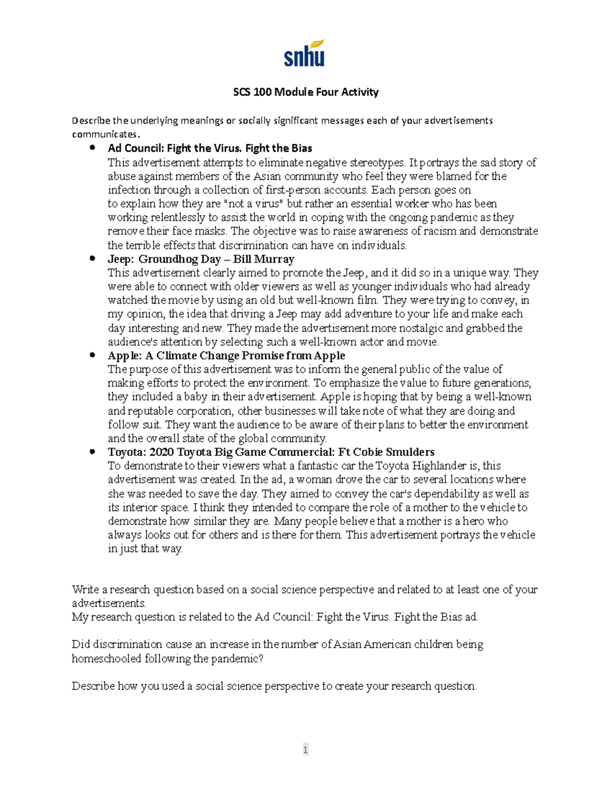 SCS 100 Module 4 Assignment: Analyzing Social Impact of Ads - Studocu
