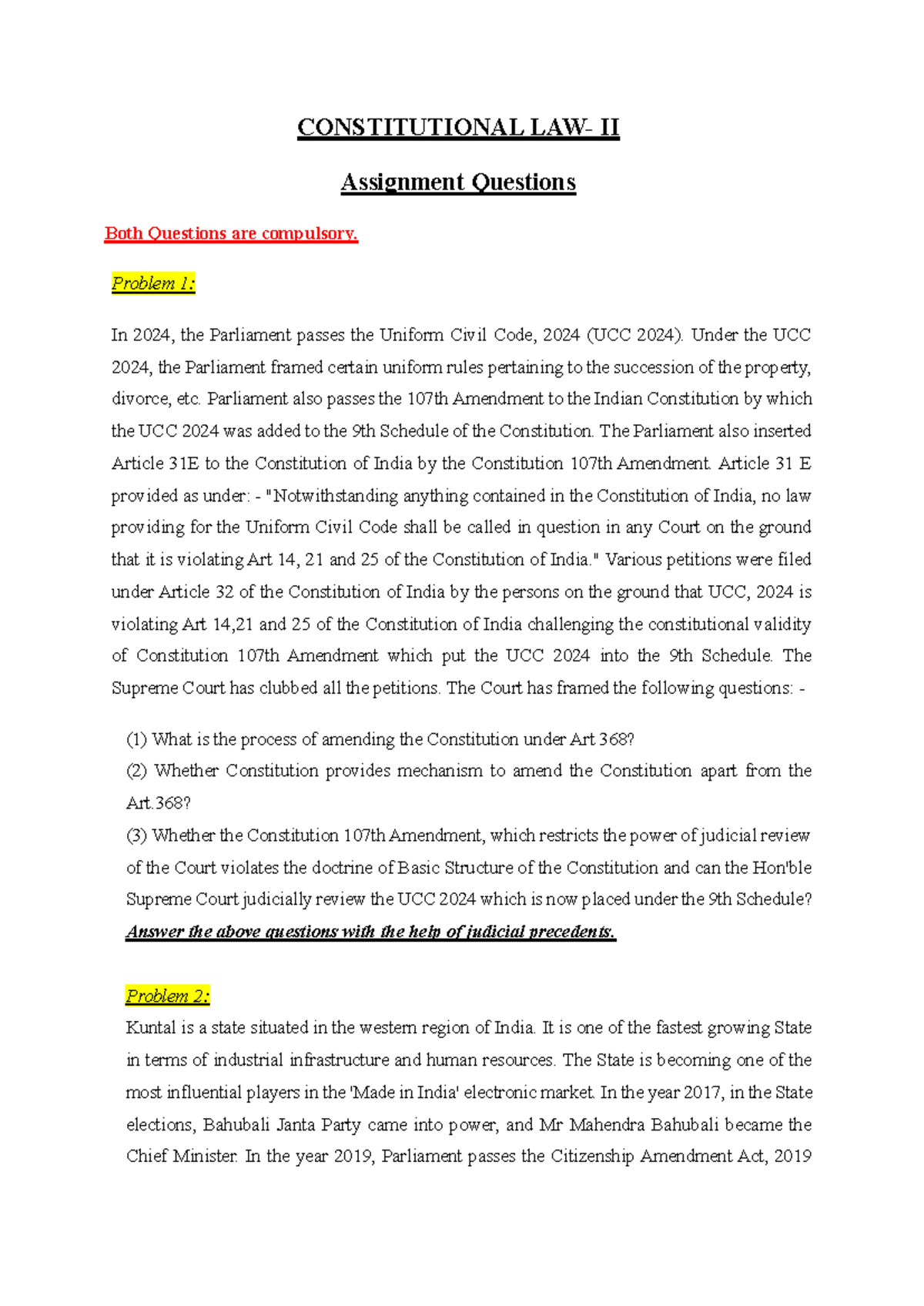 Constitutional Law Assignment-2: UCC 2024 & Article 356 Challenges ...