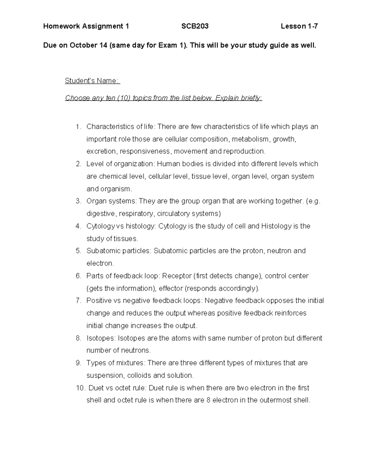Homework Assignment 1 SCB203: Key Concepts Study Guide - Studocu