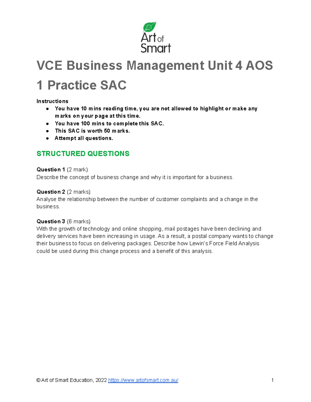 VCE Business Management Unit 4 AOS 1 Practice SAC Guide - Studocu