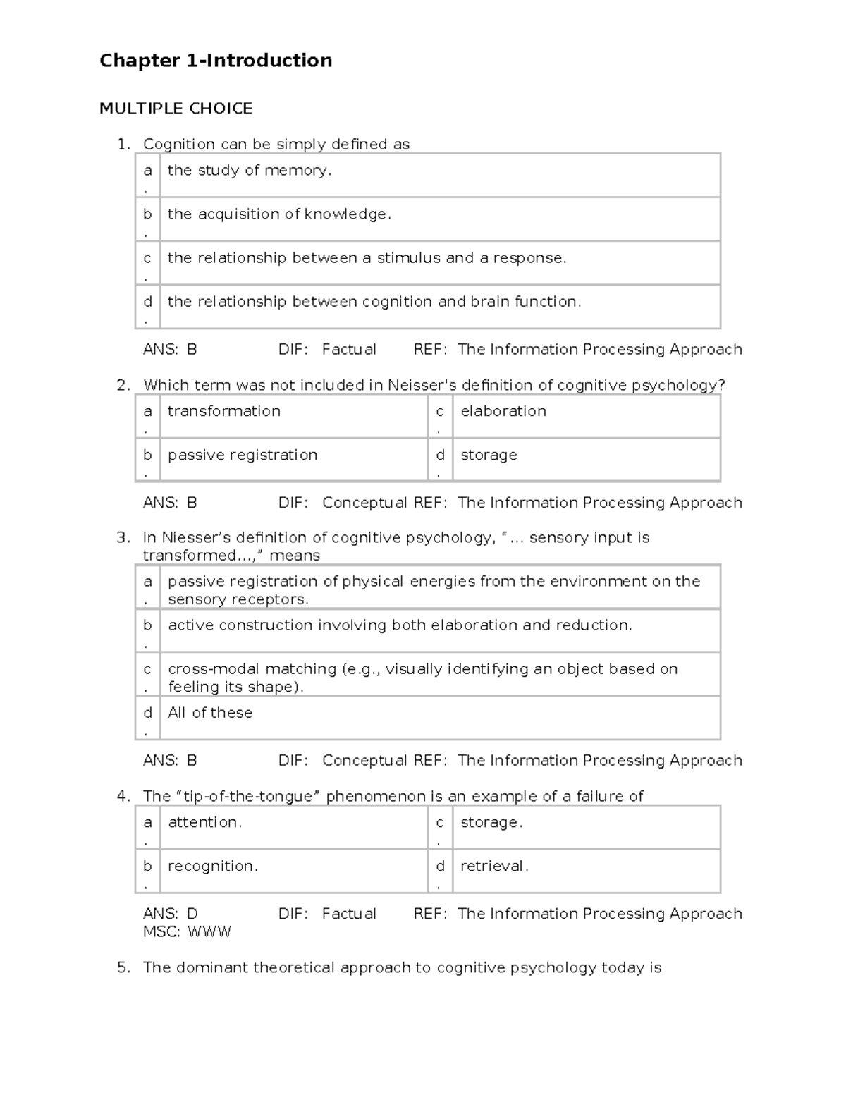 Reed Cognition 9e TB Chapter 01: Multiple Choice Questions and Answers ...