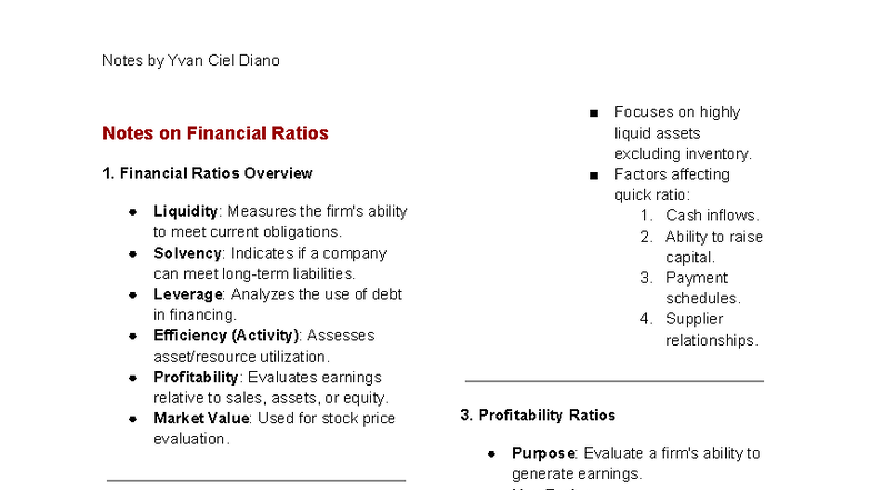 FINC 01 Final Exam Notes on Financial Ratios and Analysis - Studocu